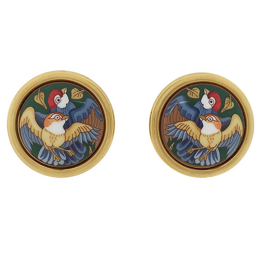 1990s. Vintage Hermes round shape cloisonne enamel golden earrings with yellow, blue, and red bird couple design. Great gift idea.

Fabulous earrings in HERMES's iconic cloisonne enamel.
Excellent  beauty and elegance with beautiful bird couple with