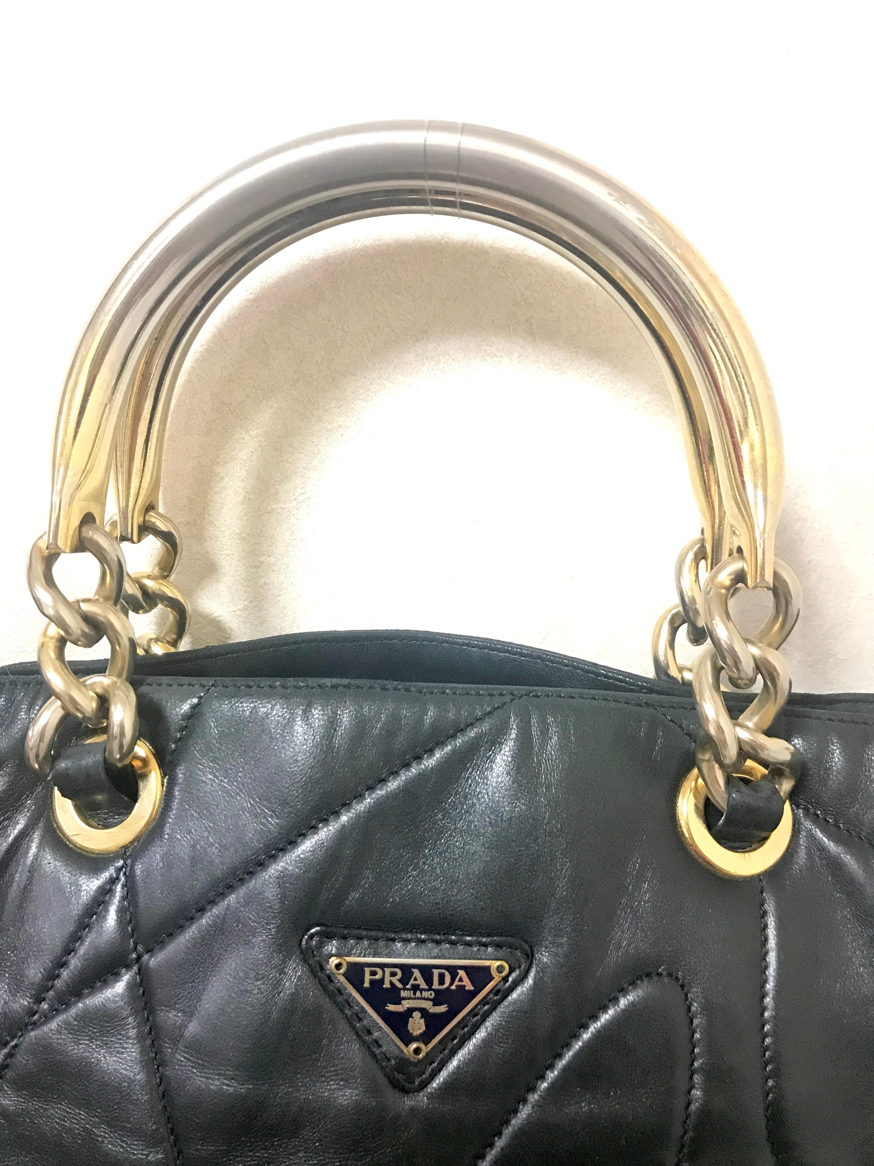 Prada Vintage black leather geometric patchwork tote bag with metallic handles  In Good Condition For Sale In Kashiwa, Chiba