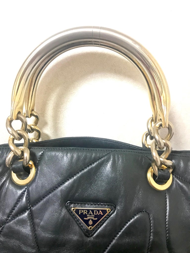Women's Prada Vintage black leather geometric patchwork tote bag with metallic handles  For Sale