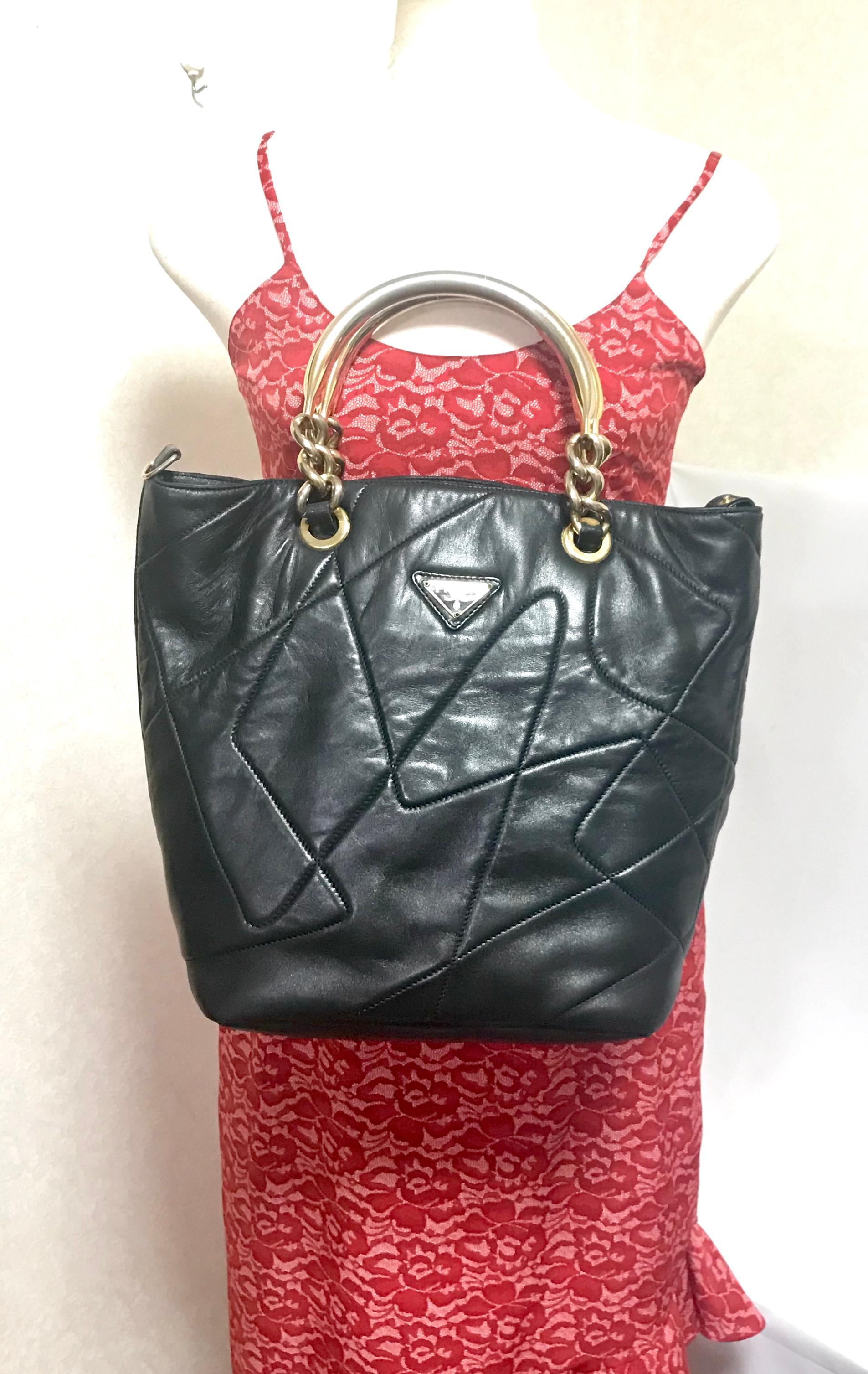 Prada Vintage black leather geometric patchwork tote bag with metallic handles  For Sale 13