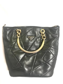 Prada Vintage black leather geometric patchwork tote bag with metallic handles