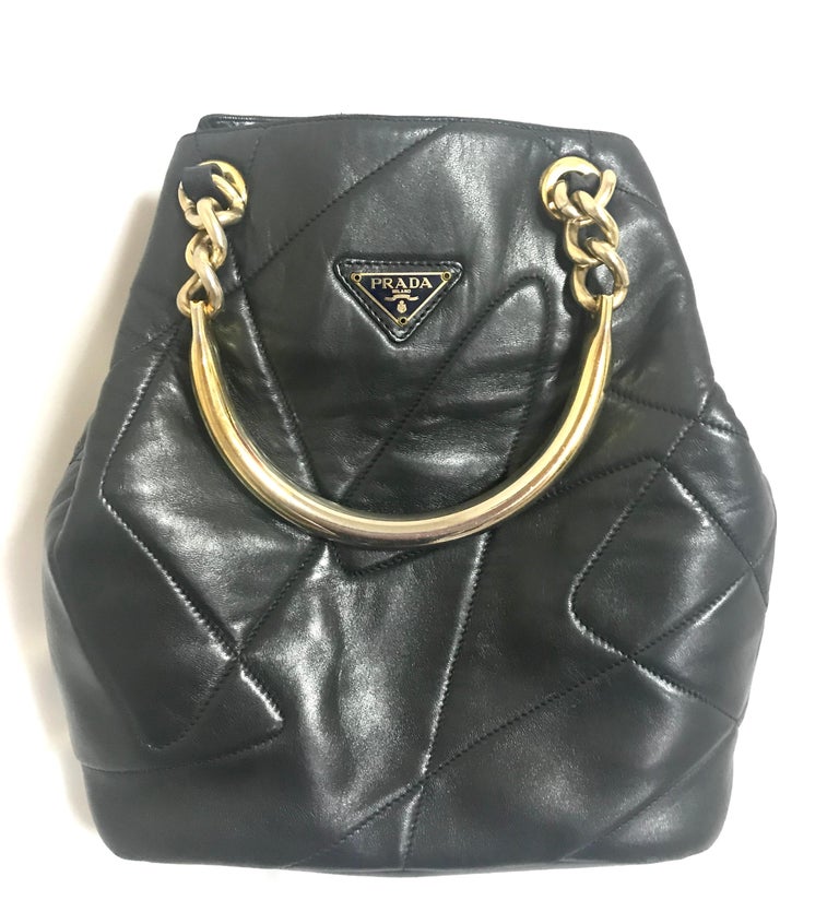Prada Vintage black leather geometric patchwork tote bag with metallic handles  In Good Condition For Sale In Kashiwa, Chiba