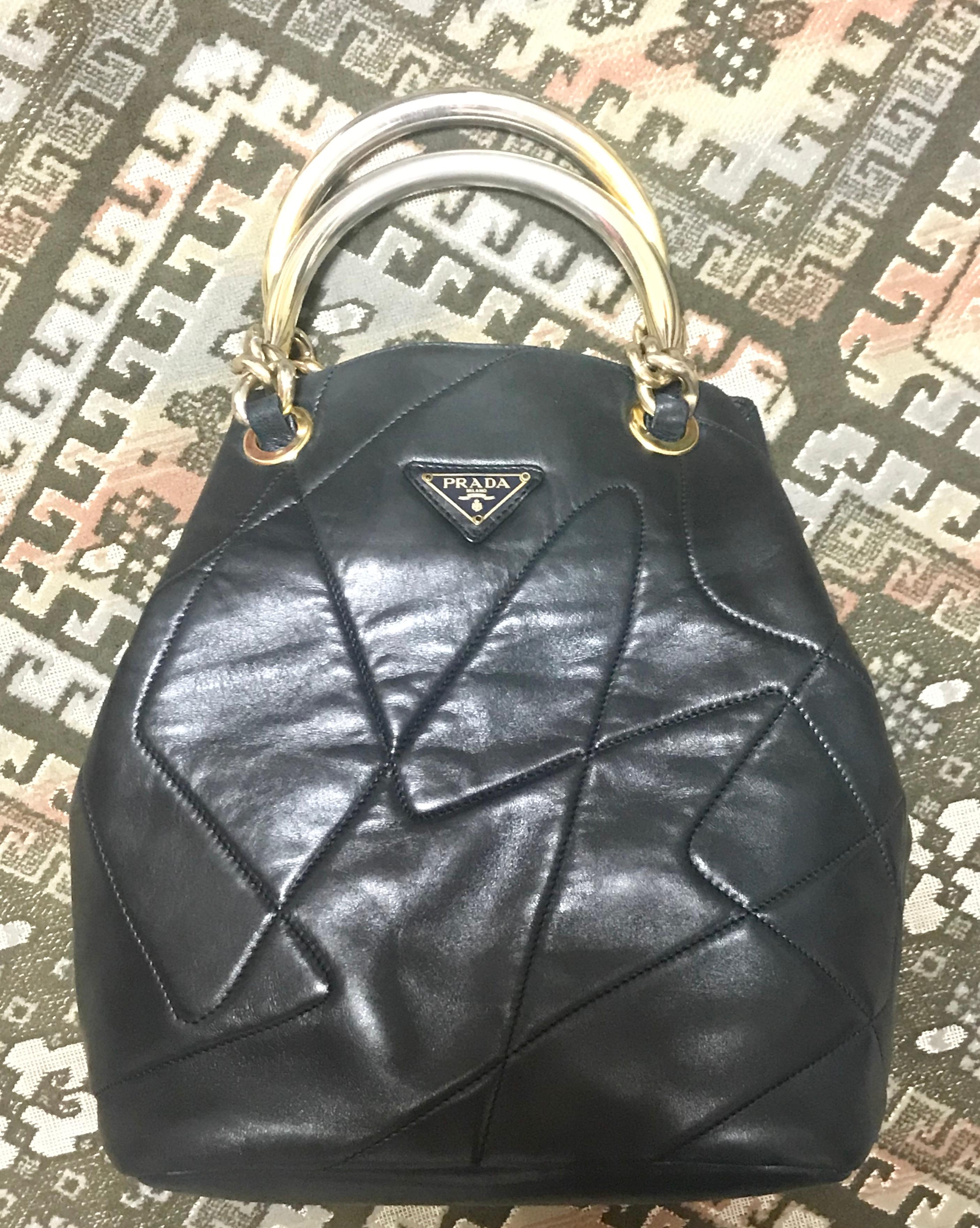 Prada Vintage black leather geometric patchwork tote bag with metallic handles  For Sale 1