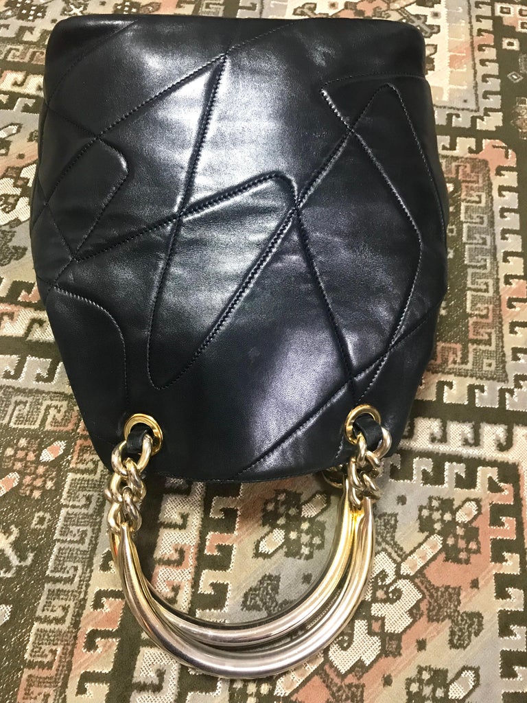 Prada Vintage black leather geometric patchwork tote bag with metallic handles  For Sale 3