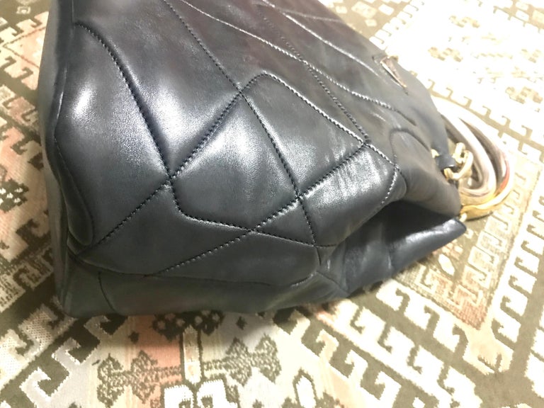 Prada Vintage black leather geometric patchwork tote bag with metallic handles  For Sale 6