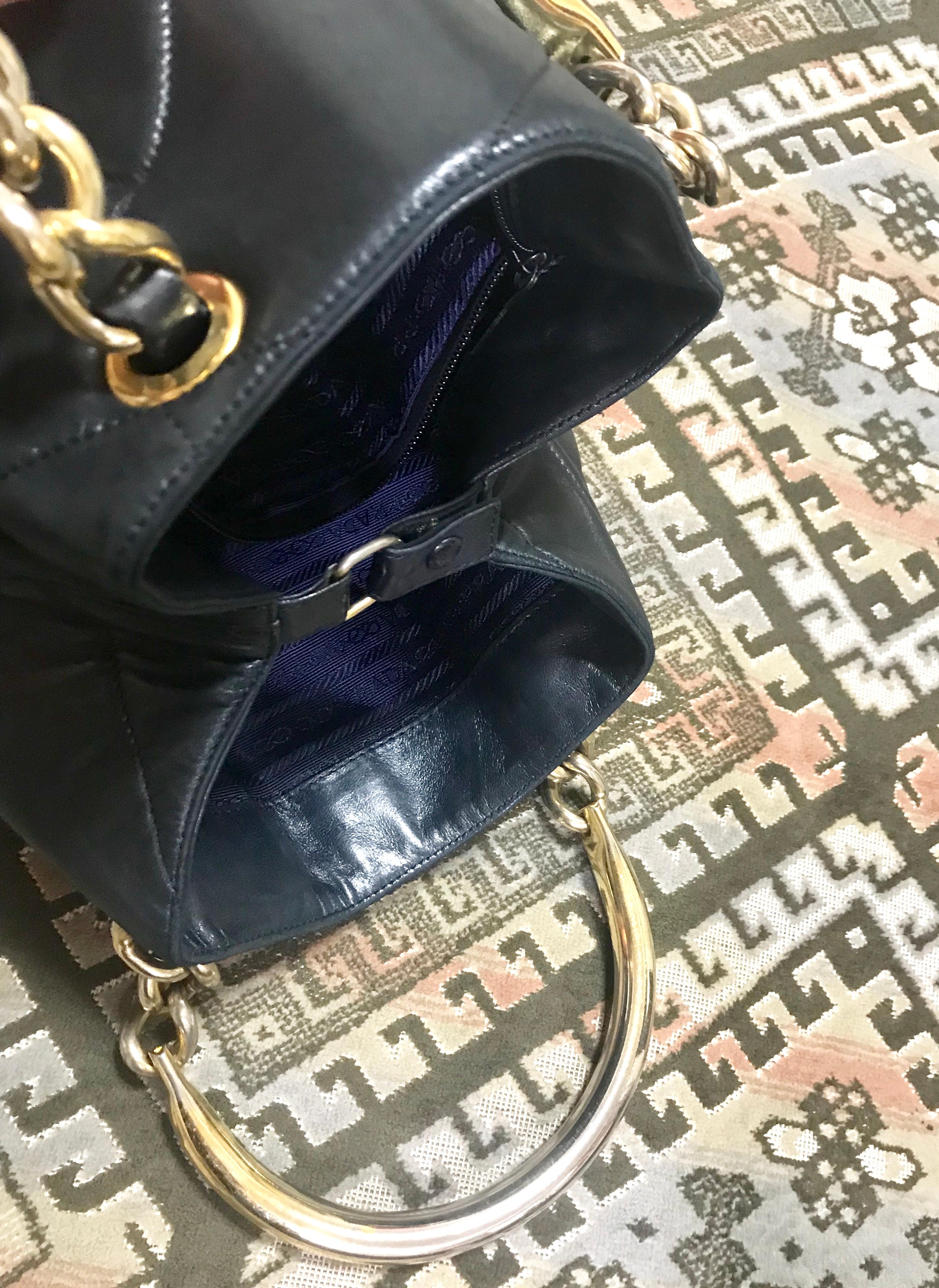 Prada Vintage black leather geometric patchwork tote bag with metallic handles  For Sale 6