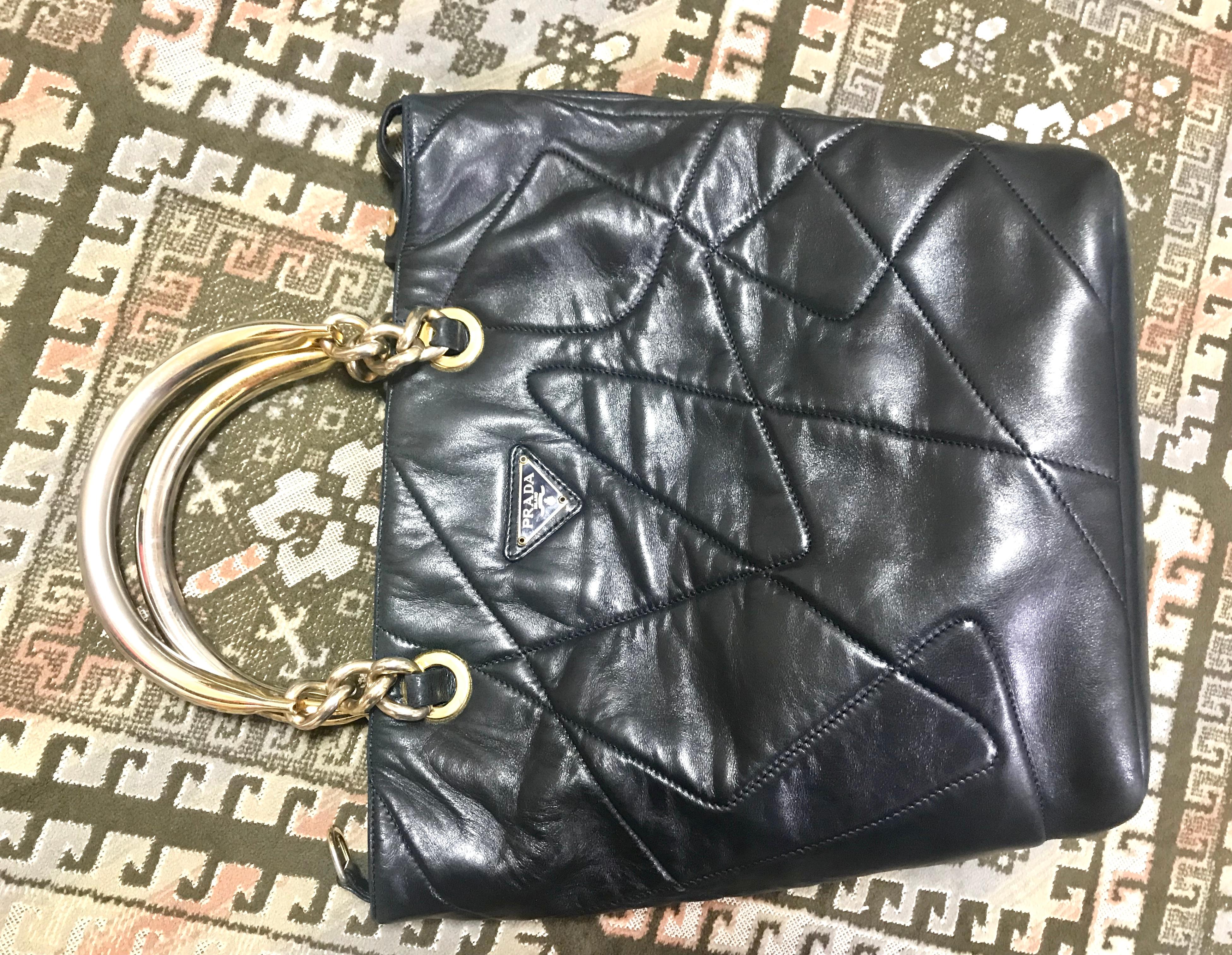 Prada Vintage black leather geometric patchwork tote bag with metallic handles  For Sale 10