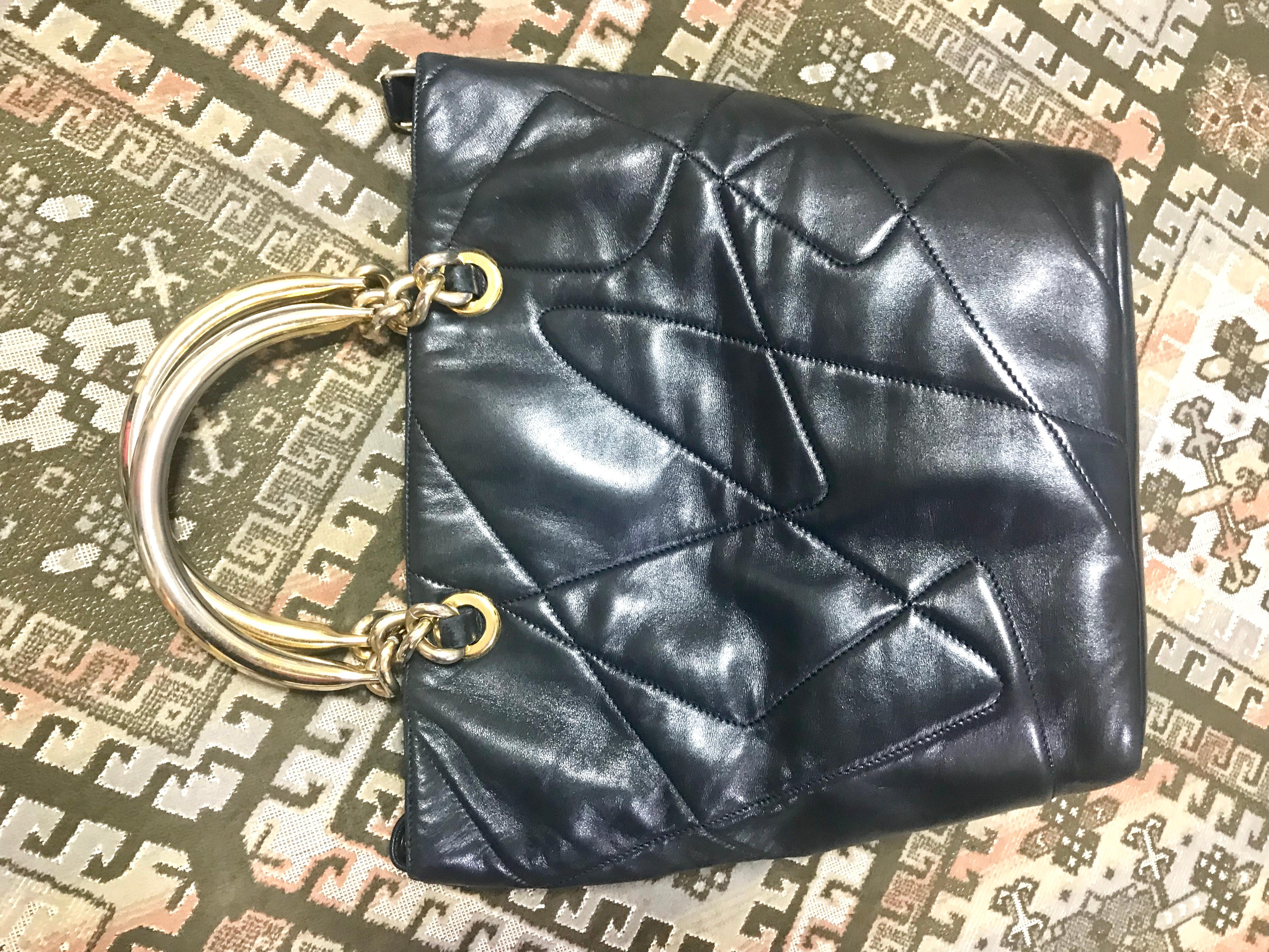Prada Vintage black leather geometric patchwork tote bag with metallic handles  For Sale 11
