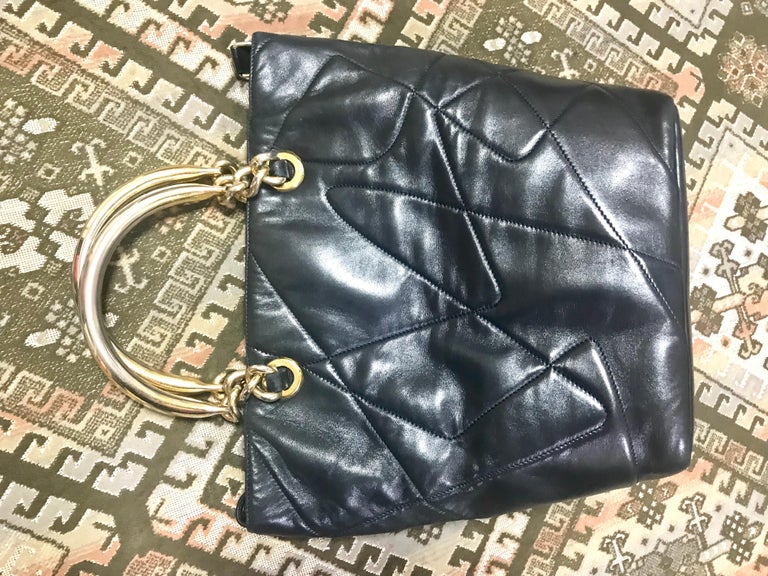 Prada Vintage black leather geometric patchwork tote bag with metallic handles  For Sale 12