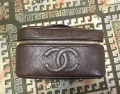 Chanel Vintage brown caviar skin cosmetic and toiletry purse vanity bag