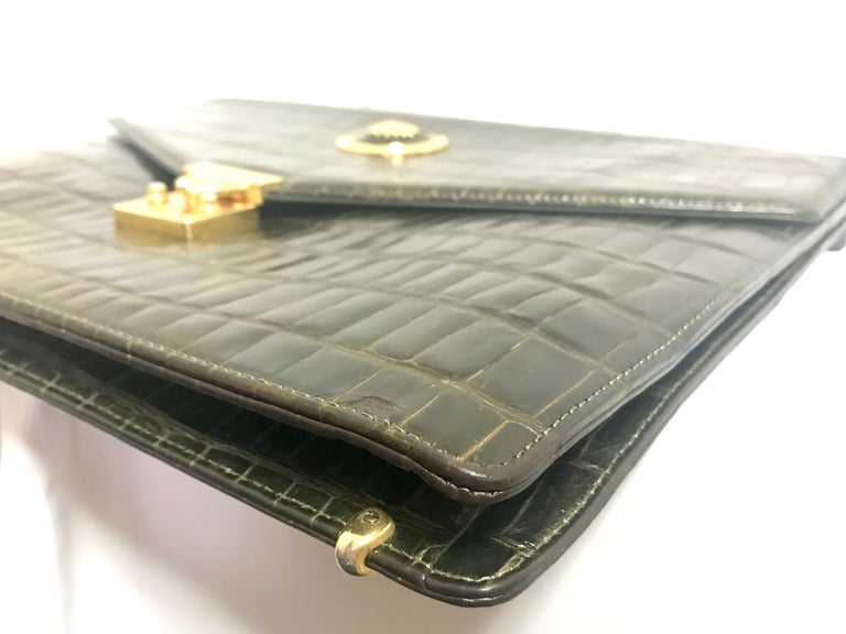 Gianni Versace Vintage khaki croc embossed leather document portfolio bag For Sale 8