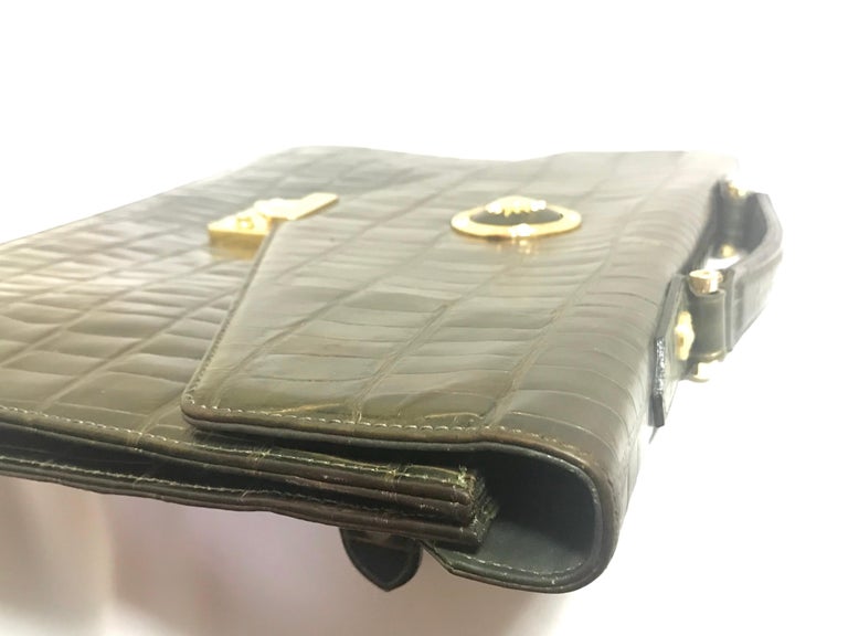 Gianni Versace Vintage khaki croc embossed leather document portfolio bag For Sale 10