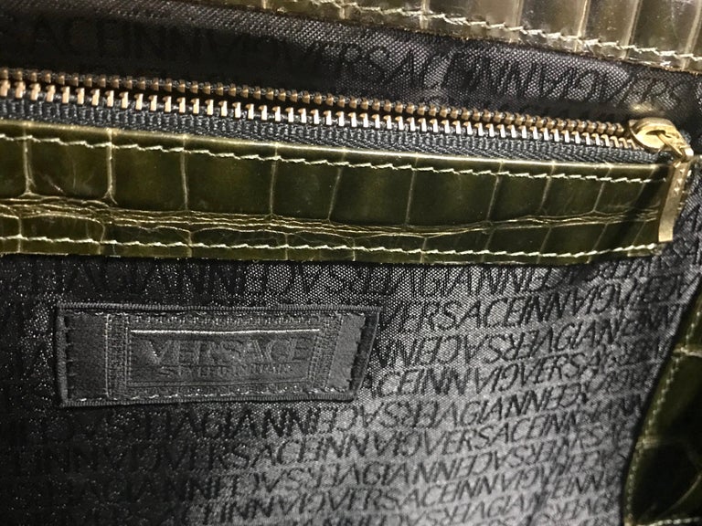 Gianni Versace Vintage khaki croc embossed leather document portfolio bag For Sale 11