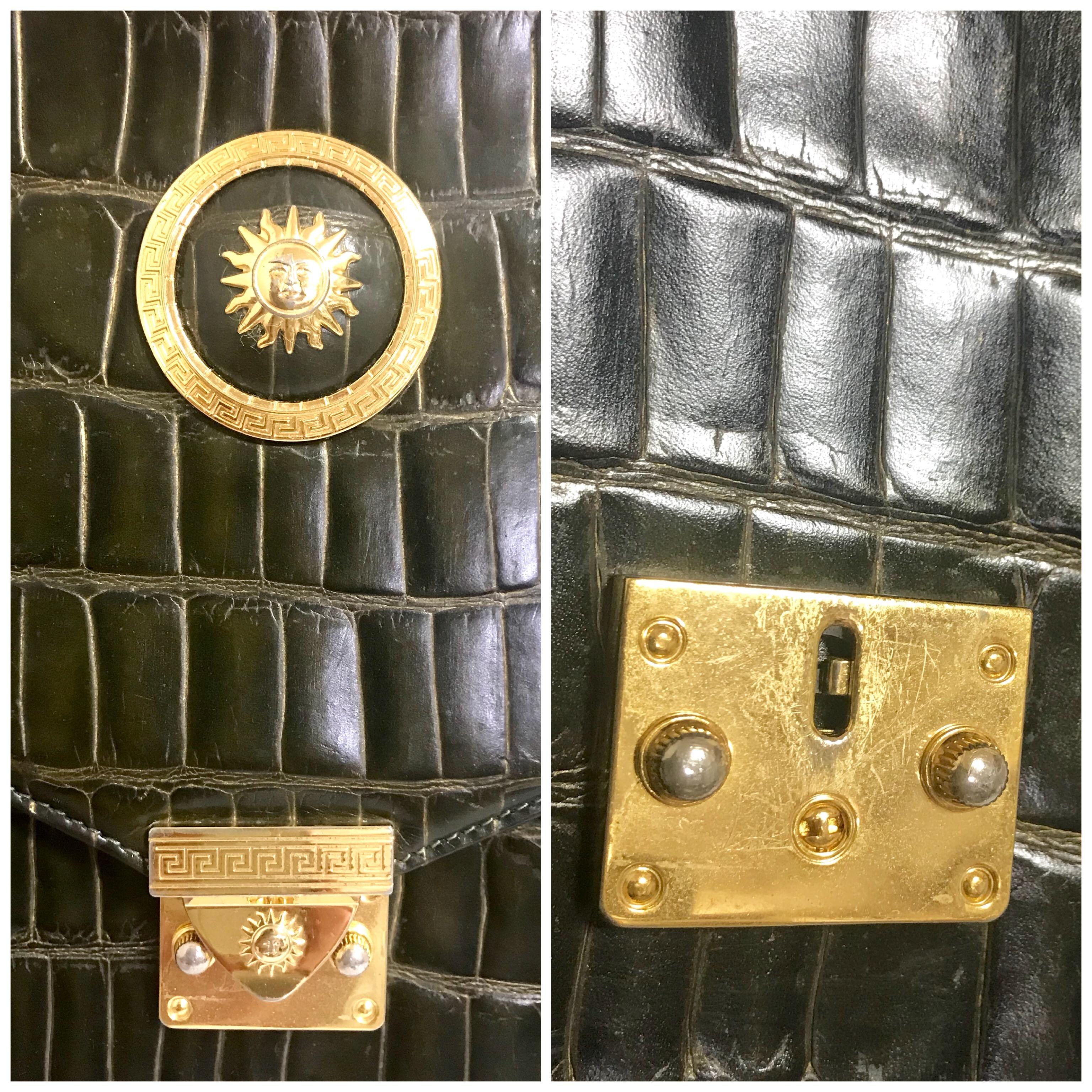 Gianni Versace Vintage khaki croc embossed leather document portfolio bag For Sale 3