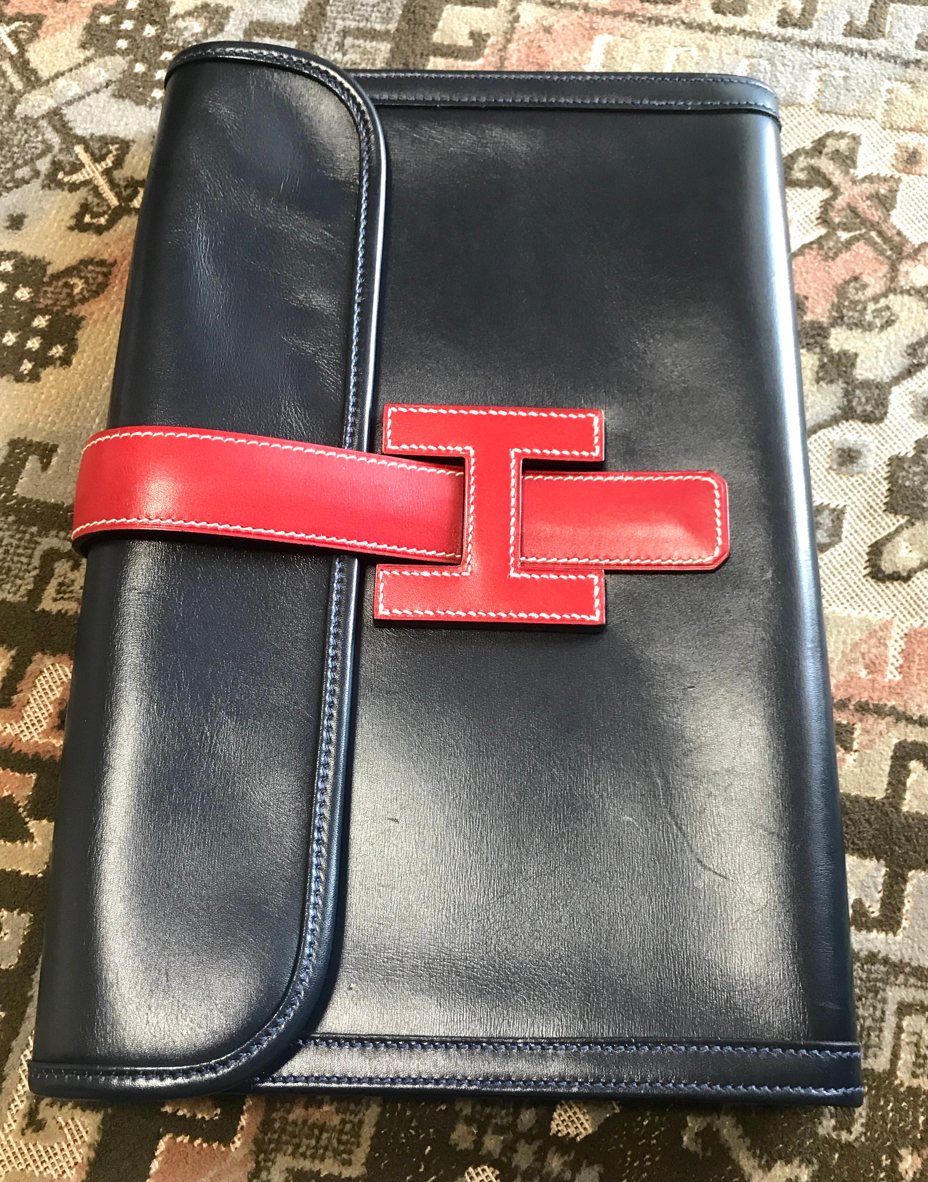 Black Vintage HERMES navy and red jige PM boxcalf leather document case, portfolio bag For Sale
