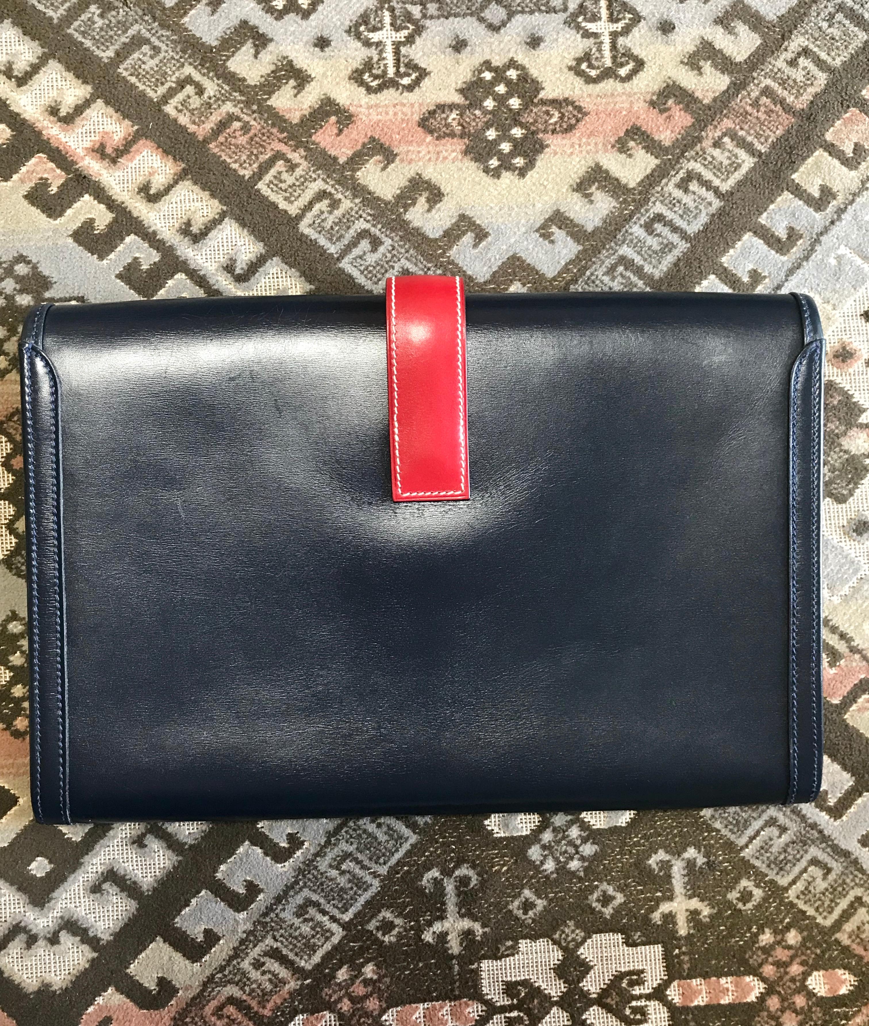 Women's or Men's Vintage HERMES navy and red jige PM boxcalf leather document case, portfolio bag For Sale