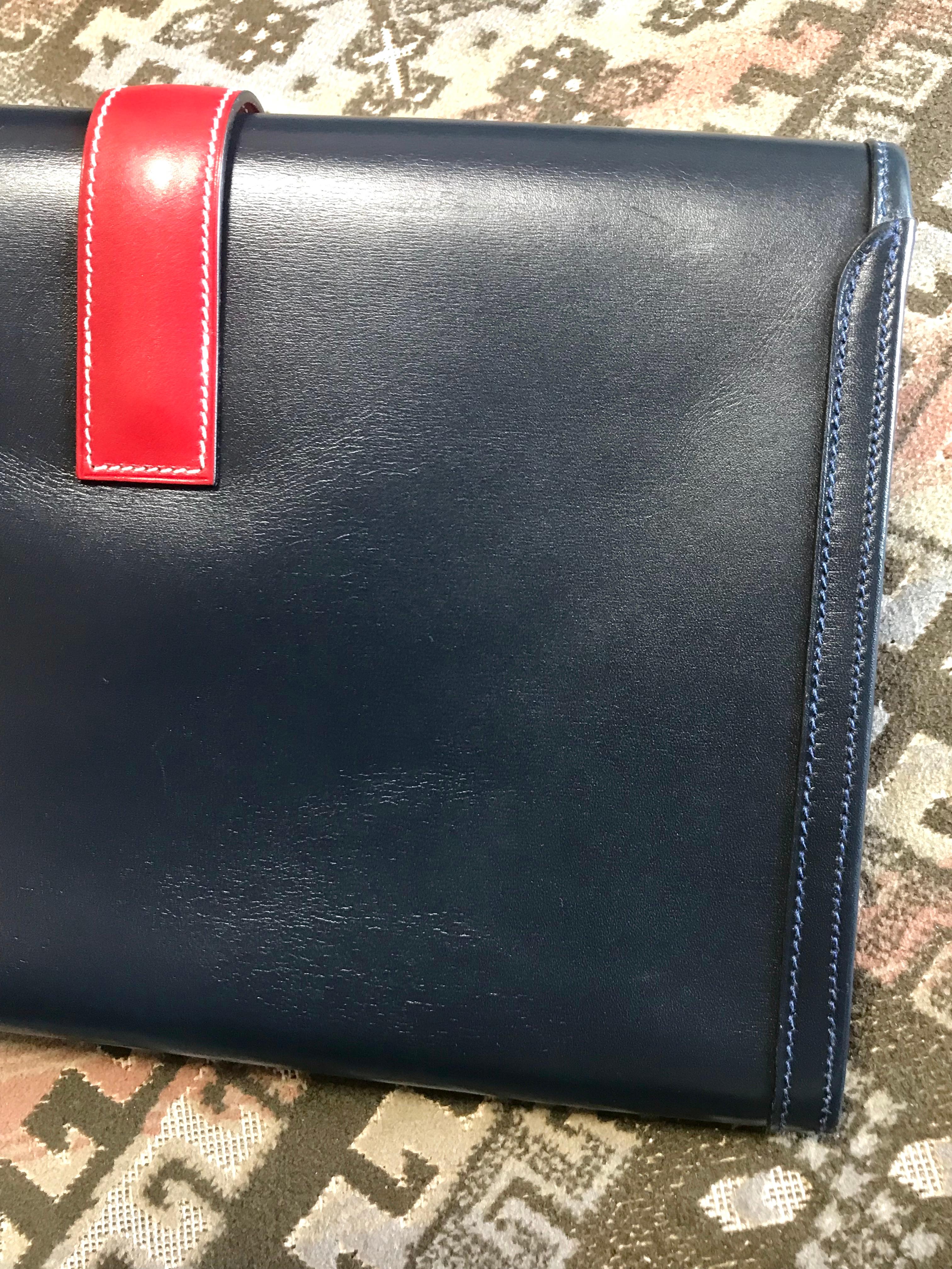 Vintage HERMES navy and red jige PM boxcalf leather document case, portfolio bag For Sale 2