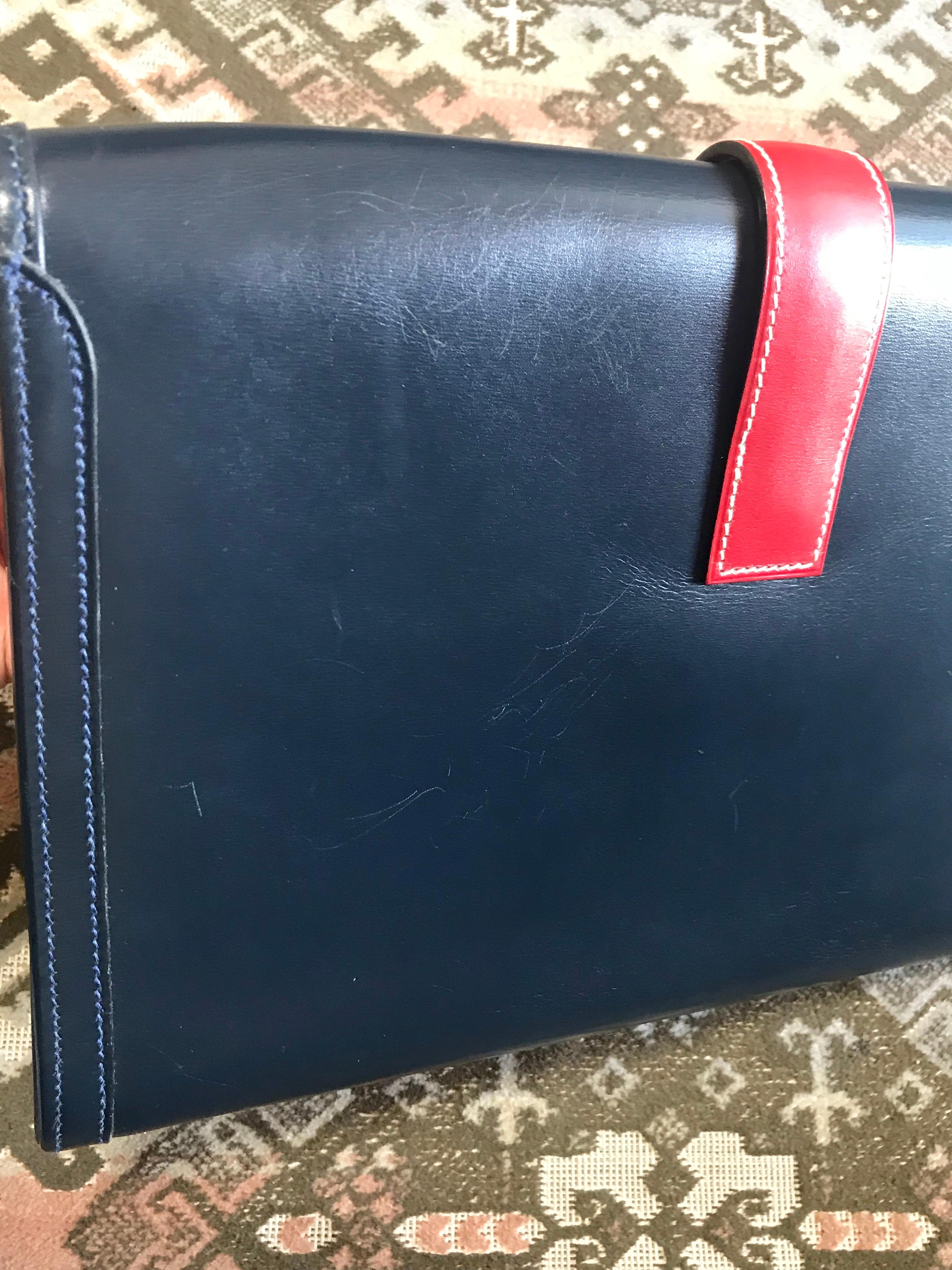 Vintage HERMES navy and red jige PM boxcalf leather document case, portfolio bag For Sale 3