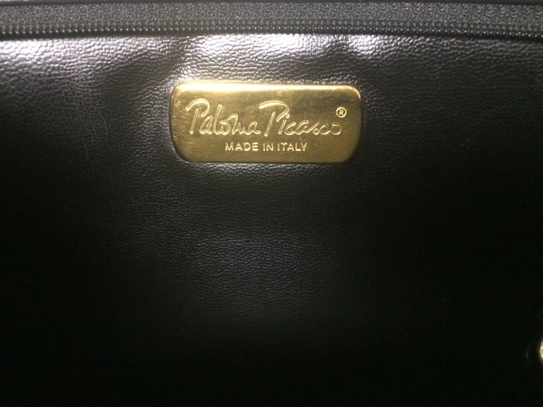 Vintage Paloma Picasso black shoulder bag with gold letter prints.  For Sale 4