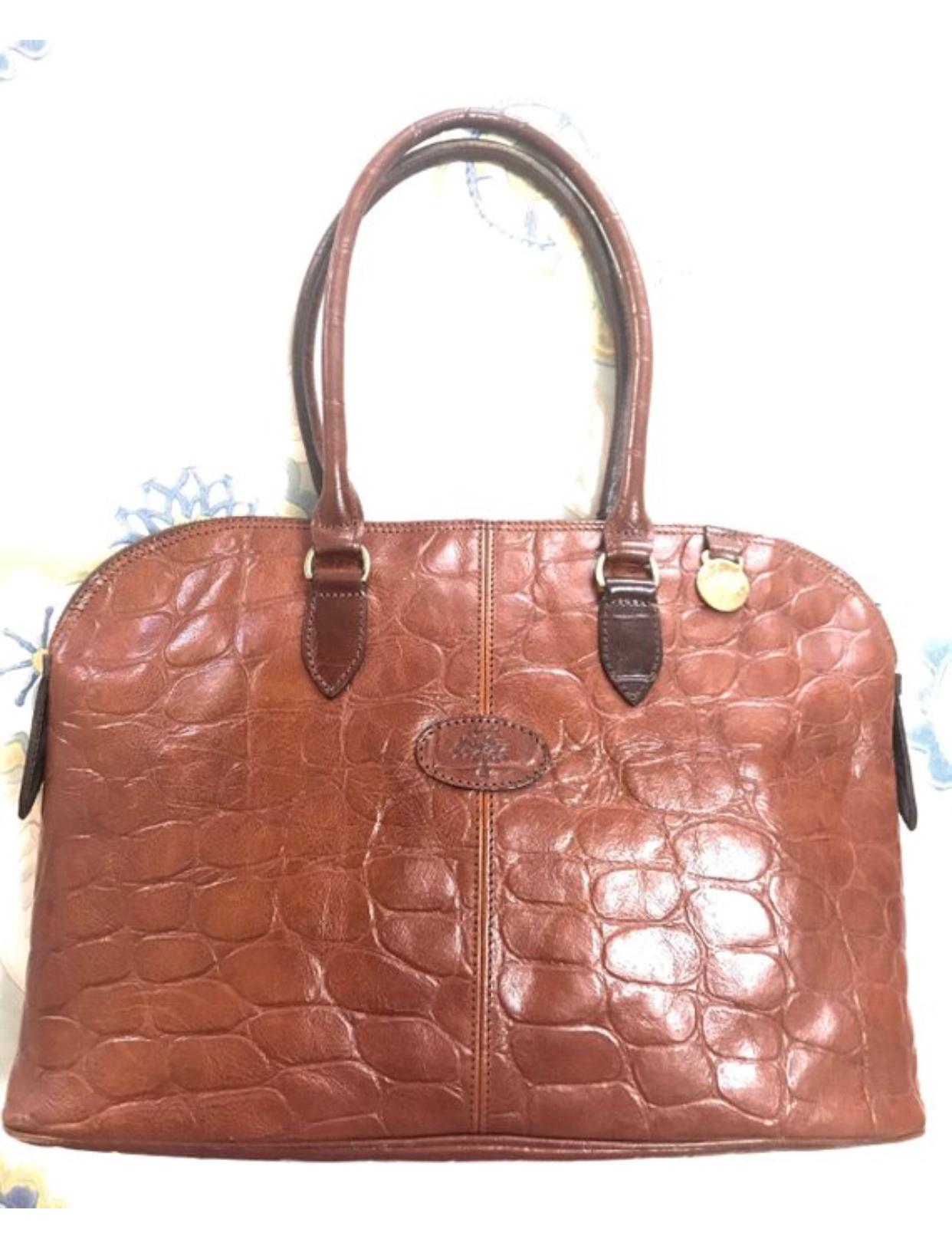 Vintage Mulberry croc embossed brown leather bolide tote bag. By Roger Saul. For Sale 3