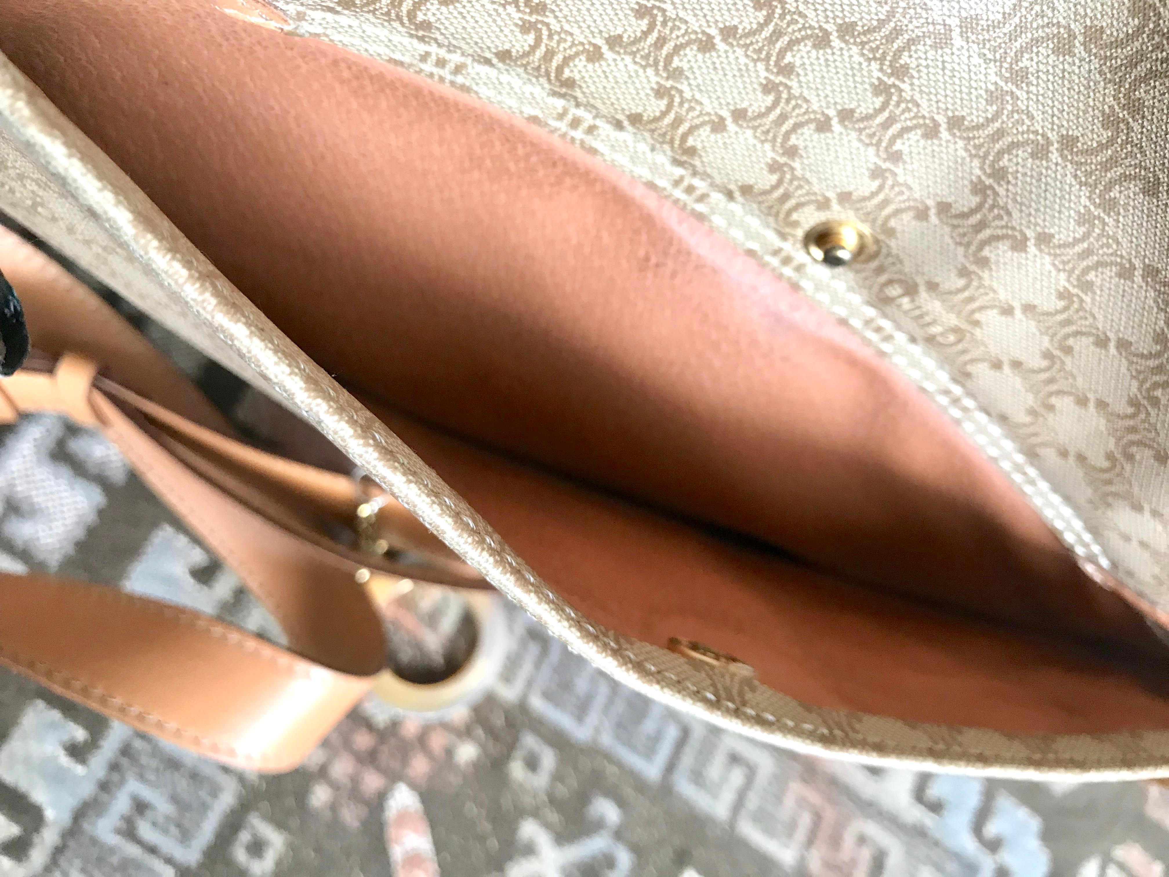 Vintage Celine beige macadam blaison pattern messenger bag with gold tone charm. For Sale 13