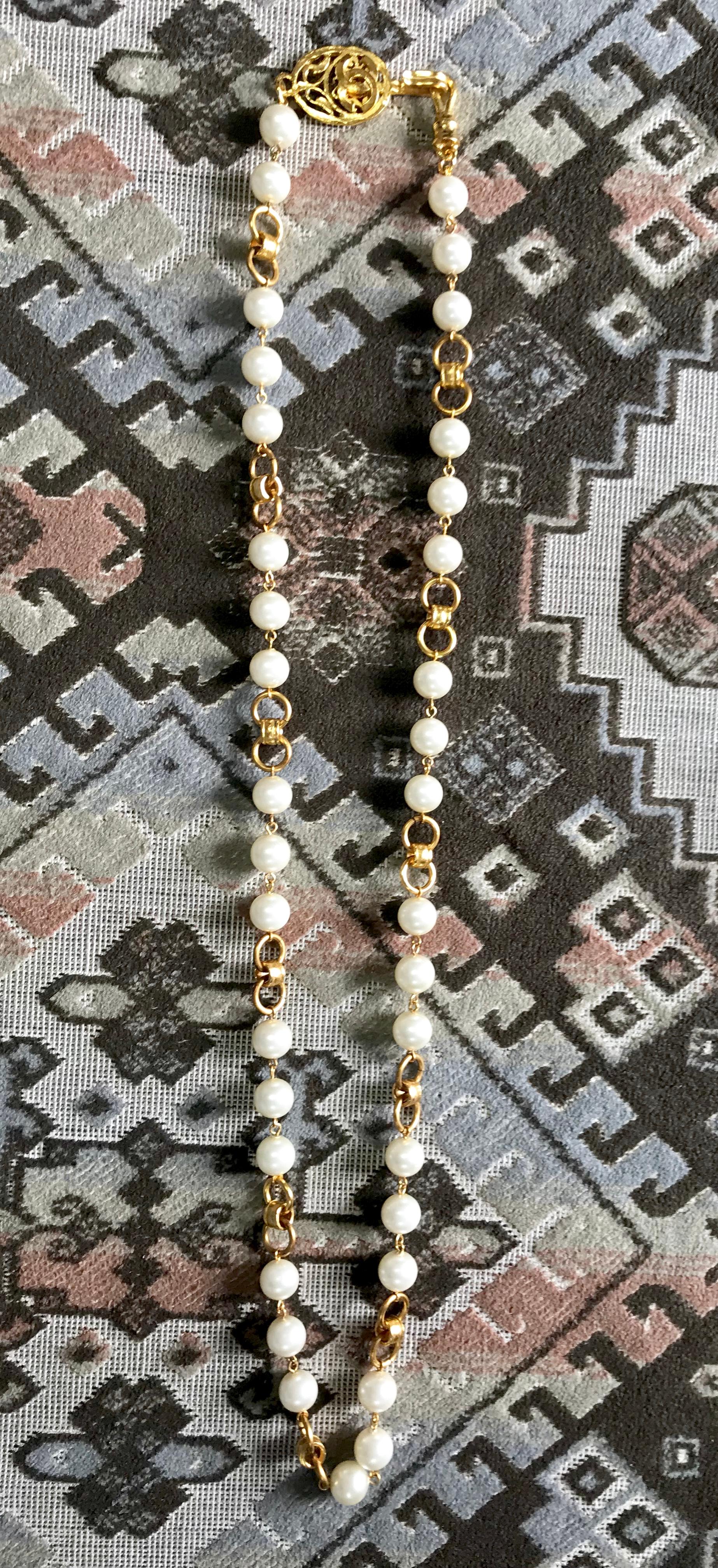 Vintage Chanel golden long chain and faux pearl necklace, belt with CC mark.  For Sale 6