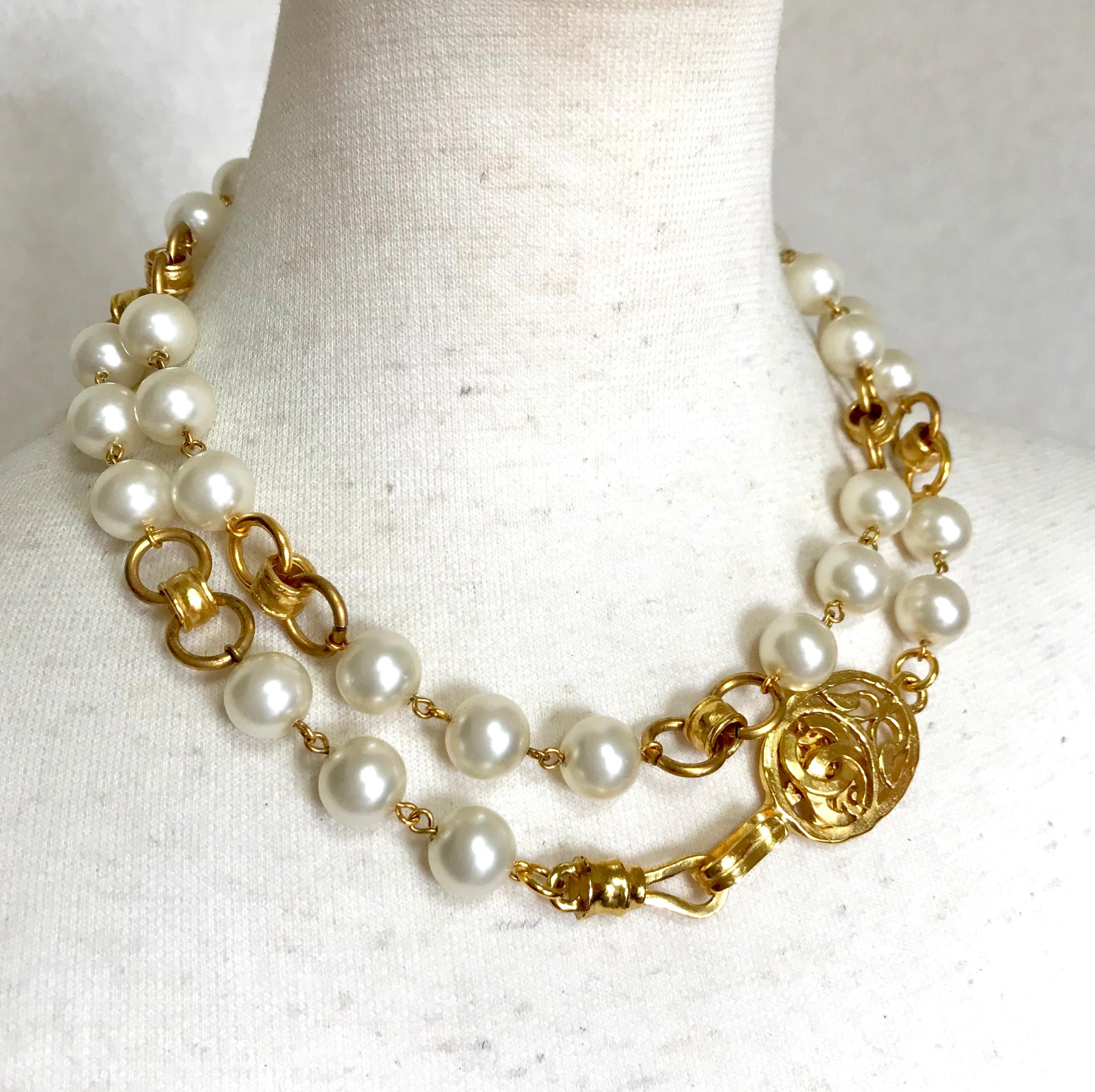 Vintage Chanel golden long chain and faux pearl necklace, belt with CC mark.  For Sale 13