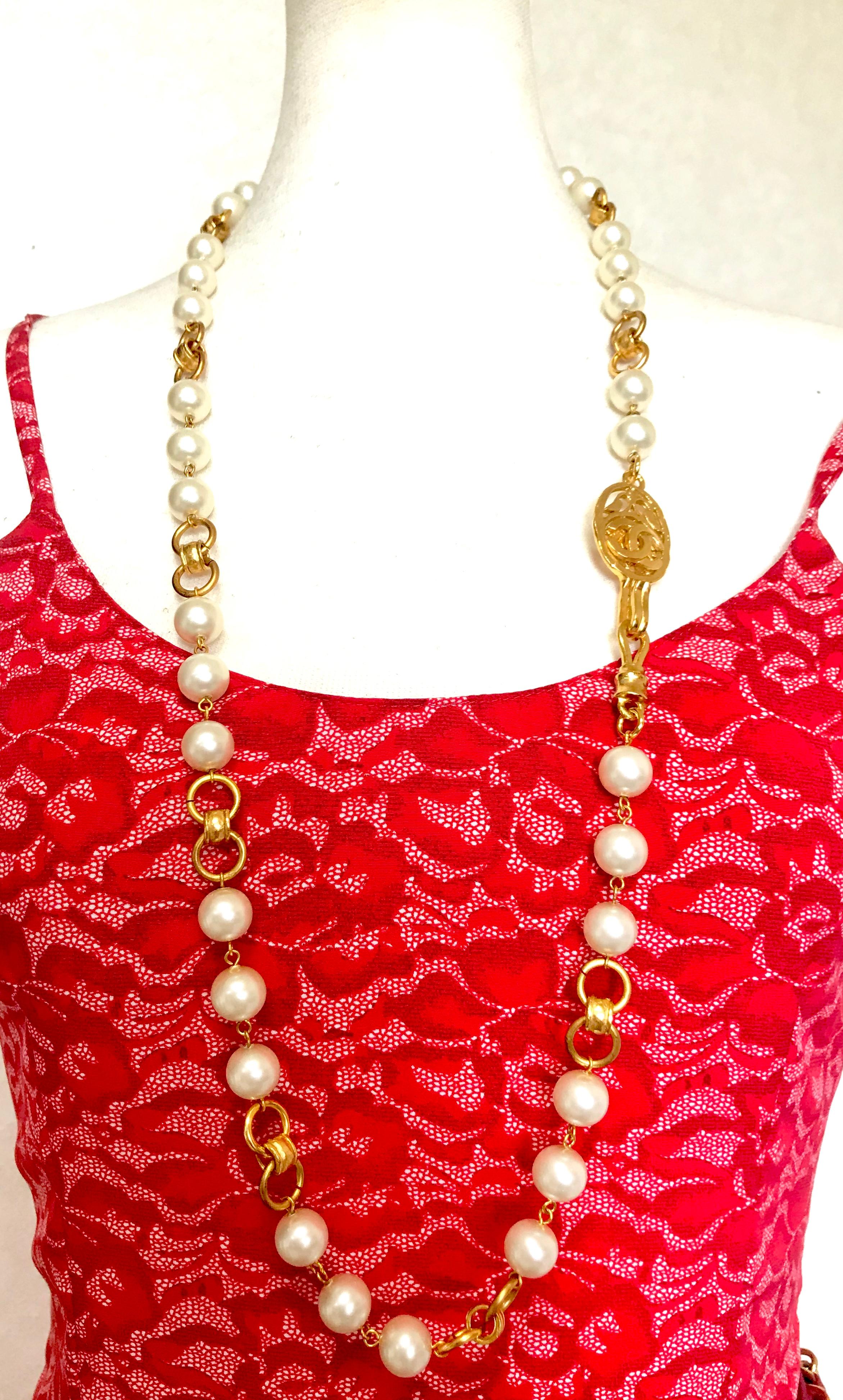 Vintage Chanel golden long chain and faux pearl necklace, belt with CC mark.  For Sale 7