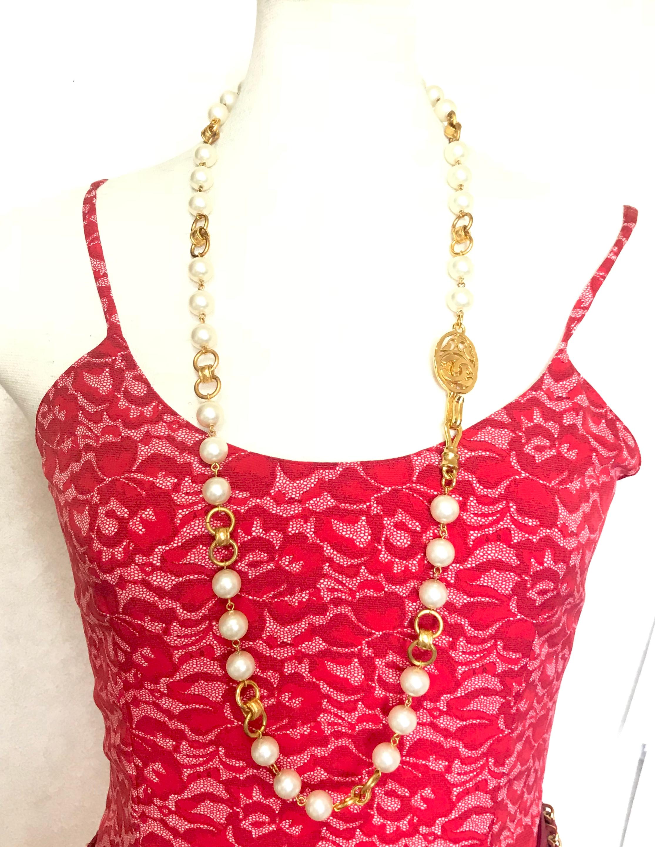 Vintage Chanel golden long chain and faux pearl necklace, belt with CC mark.  For Sale 12
