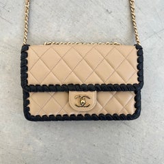 Chanel Beige Quilted Lambskin Flap Bag with Black Leather Trim, 2025 Italy