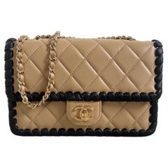 Chanel Beige Quilted Lambskin Flap Bag with Black Leather Trim, 2025 Italy
