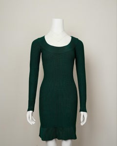 Azzedine Alaïa Fall 1990 Ribbed Knit Green Dress – Scoop Neck & Ruffled Hem