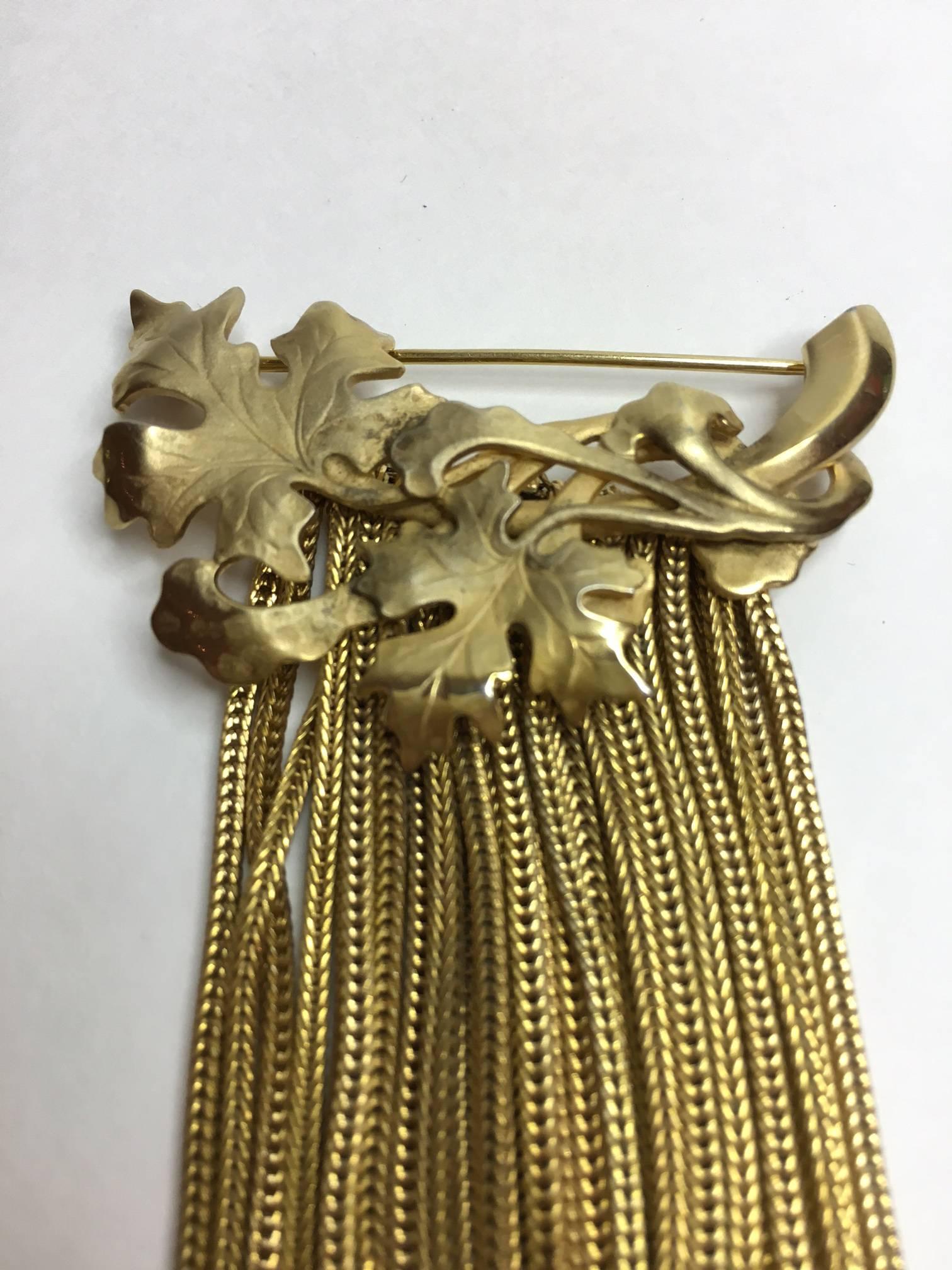 Napier 1960's Goldtone Leaf Brooch with Elaborate Tassel Fringed Drop In Good Condition For Sale In Palm Springs, CA