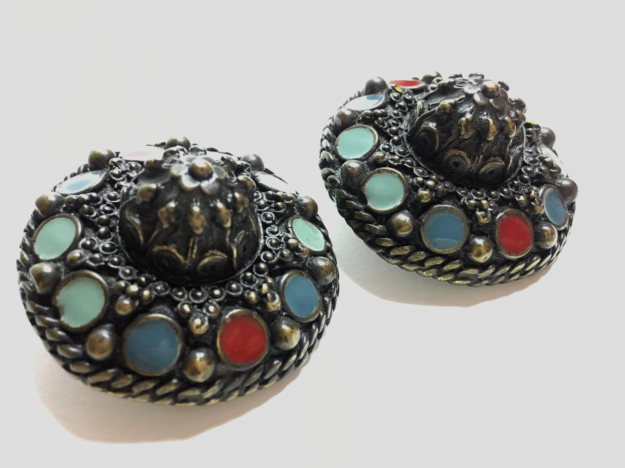 1990's Jean Paul Gaulthier Medieval style Large Enameled Jewels  Earrings In Excellent Condition For Sale In Palm Springs, CA