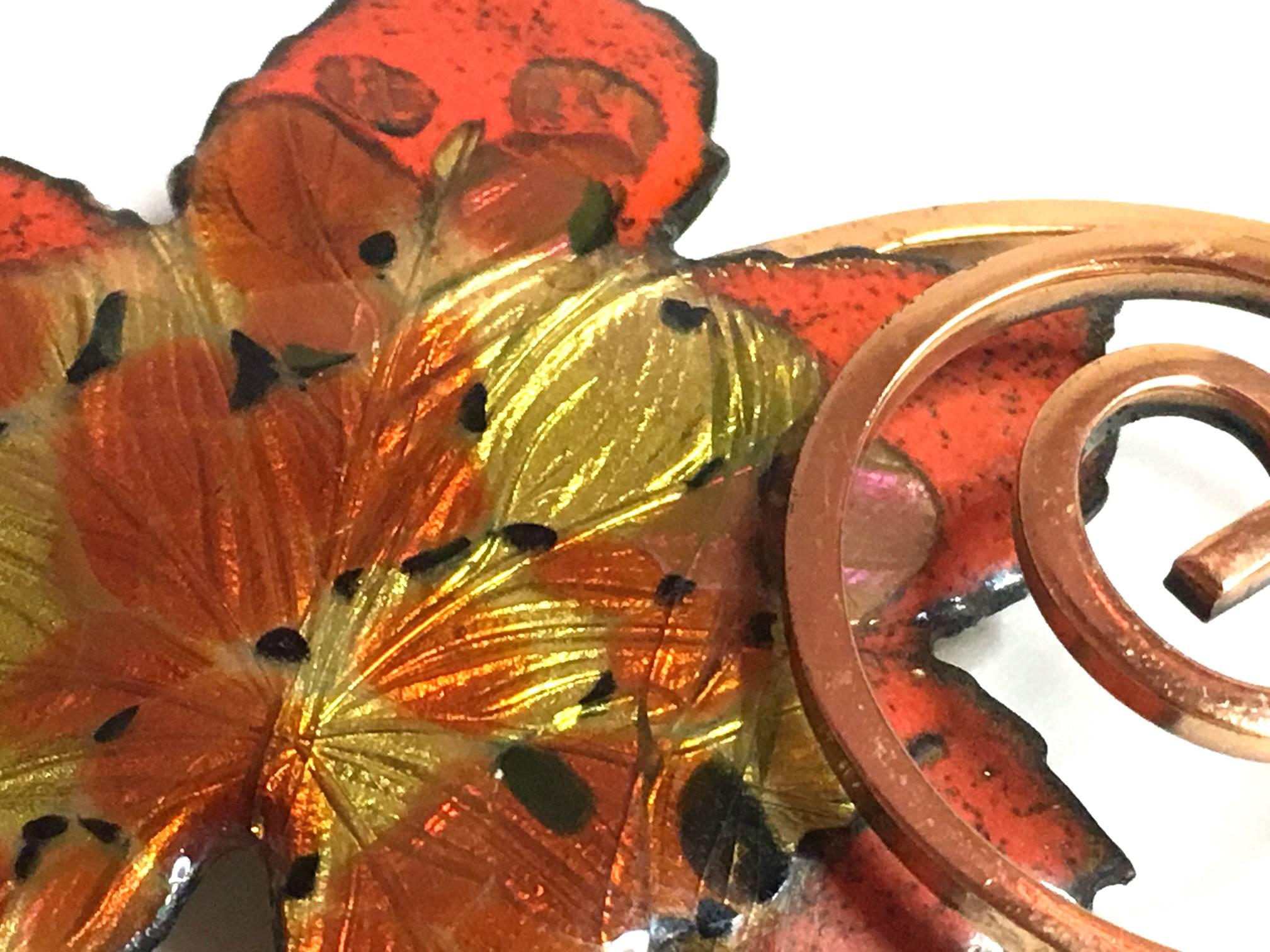 1950's MATISSE/RENOIR Copper and Enamelled Maple Leaf Brooch In Excellent Condition For Sale In Palm Springs, CA