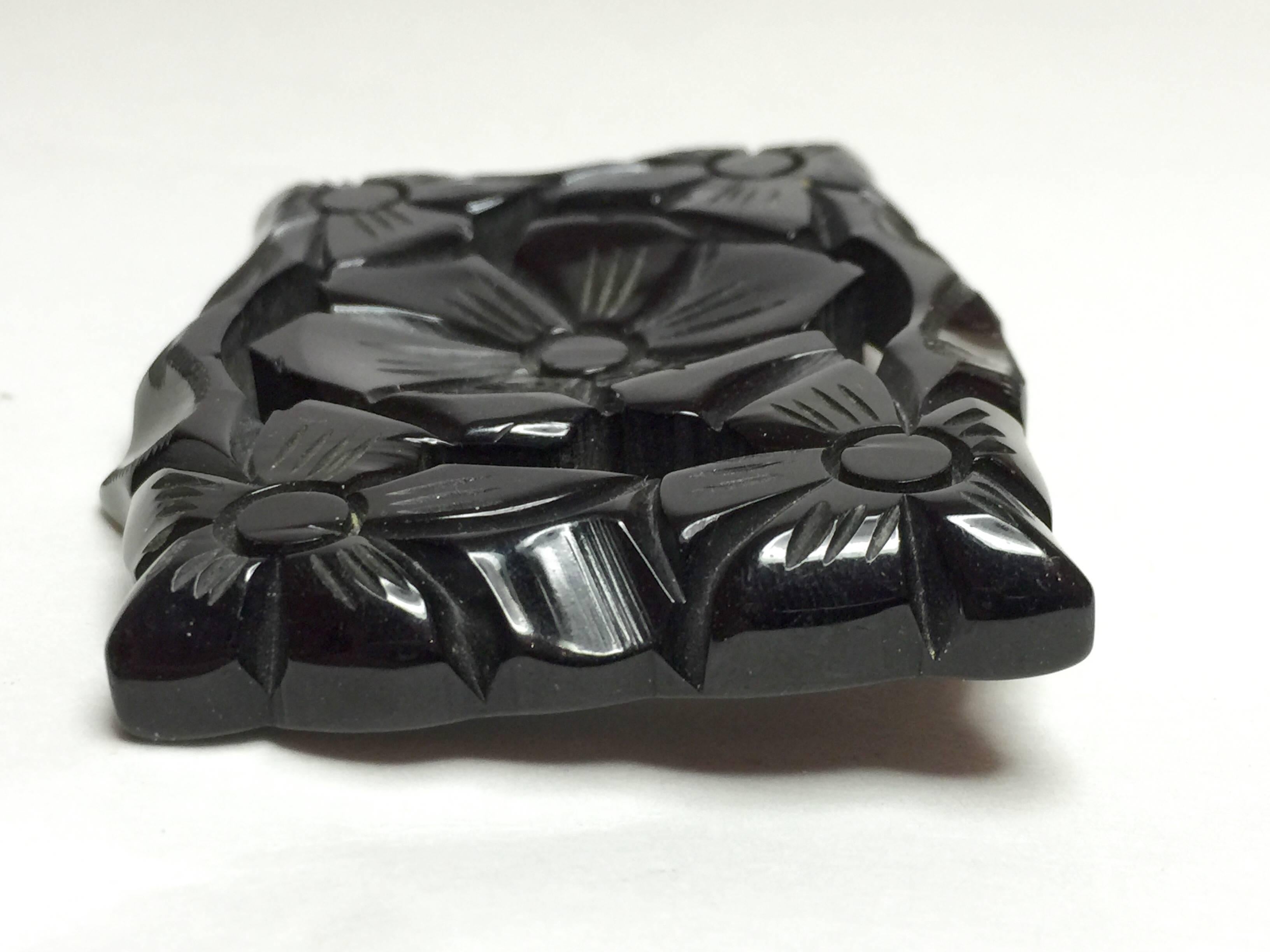 Women's 1930's Art Deco Black Bakelite Carved Floral Brooch For Sale