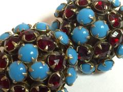 1950s HATTIE CARNEGIE Faux Turquoise and Ruby Retro Style Domed Clip On Earrings