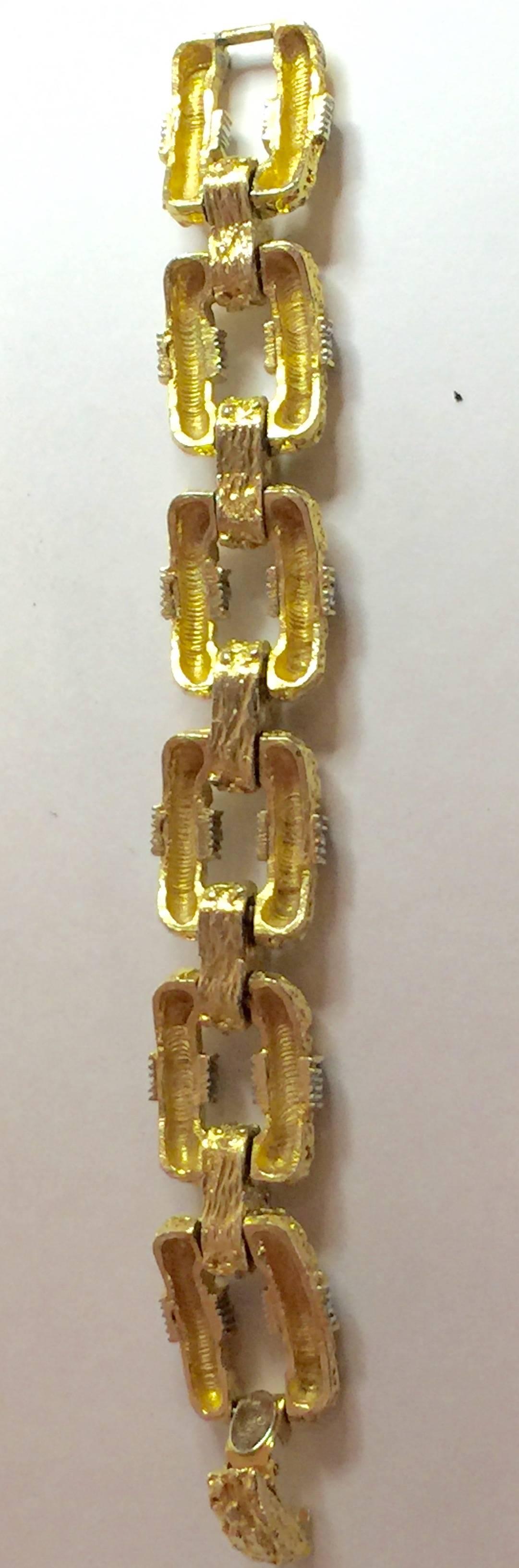1960s CARLYLE Brutalist Goldtone and Pave Rhinestone Link Bracelet 1