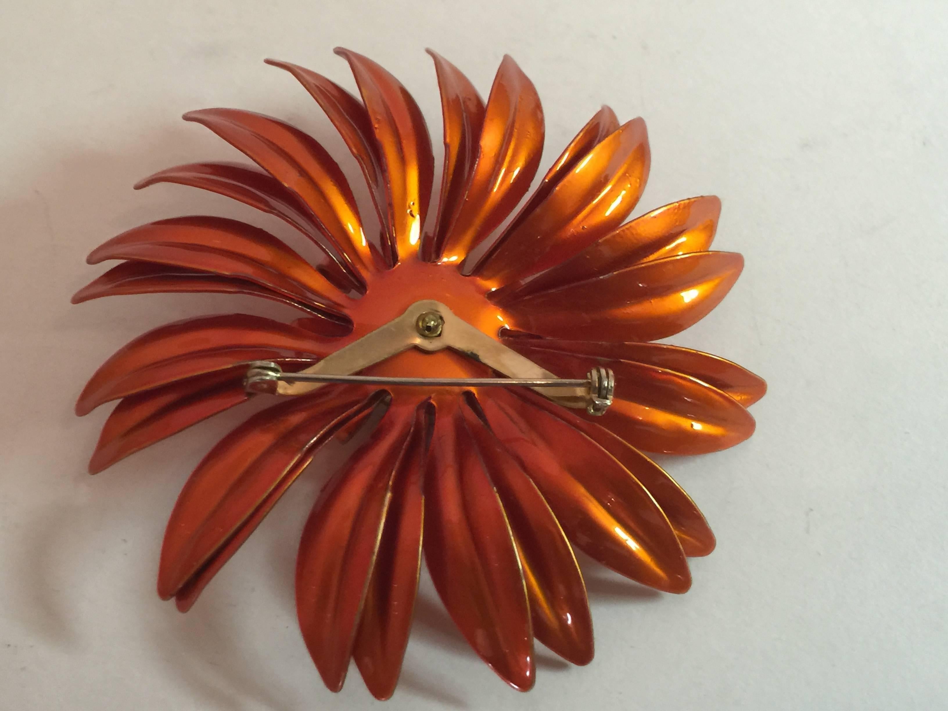 A fun 1960s Fab Orange Enameled Metal Flower Pin Brooch with Center Vitrail Stone! This screams FLOWER POWER! 3