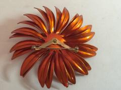 1960s Fab Orange Enameled Metal Flower Pin Brooch with Center Vitrail Stone