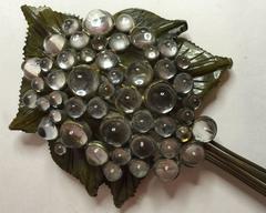 1930s BLUMENTHAL FINE Bakelite Carved Leaf Brooch Pin  Domed Crystal Cabochons