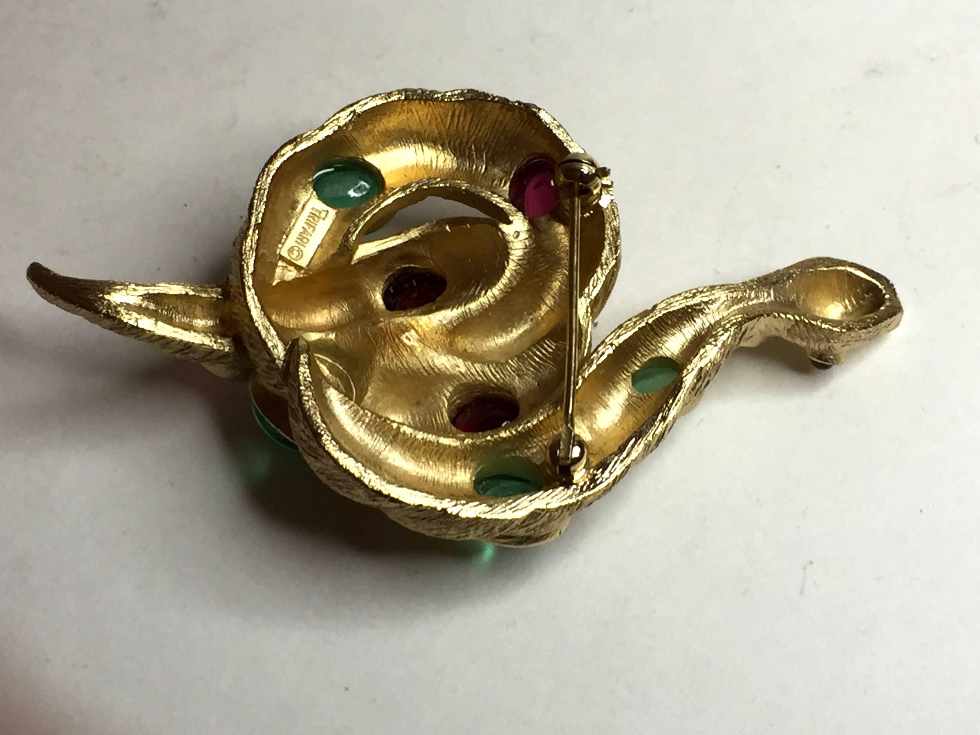 Women's 1960s Brushed Gold and Faux Emerald and Ruby Coiled Snake Brooch Pin