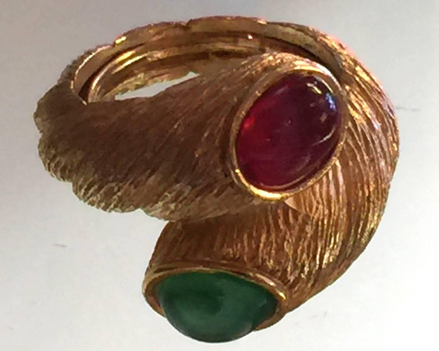 Women's 1960s TRIFARI Brushed Goldtone Fashion Dinner Ring  Faux Emerald Ruby Cabochons