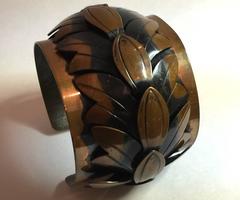 1950s REBAJES Copper WIDE Cuff Bracelet Stylized Leaves Bronze Tone
