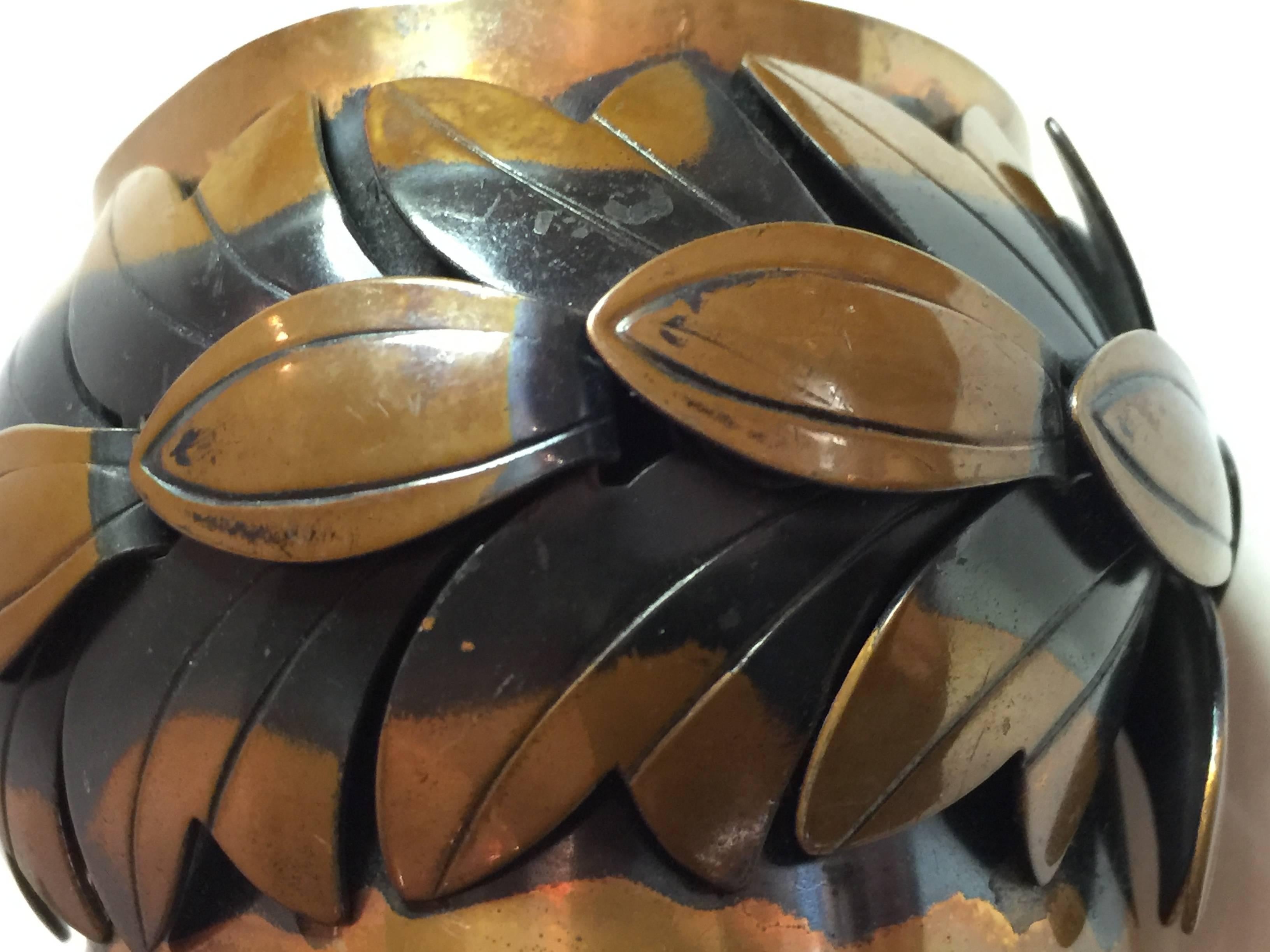 1950s REBAJES Copper WIDE Cuff Bracelet Stylized Leaves Bronze Tone In Good Condition For Sale In Palm Springs, CA
