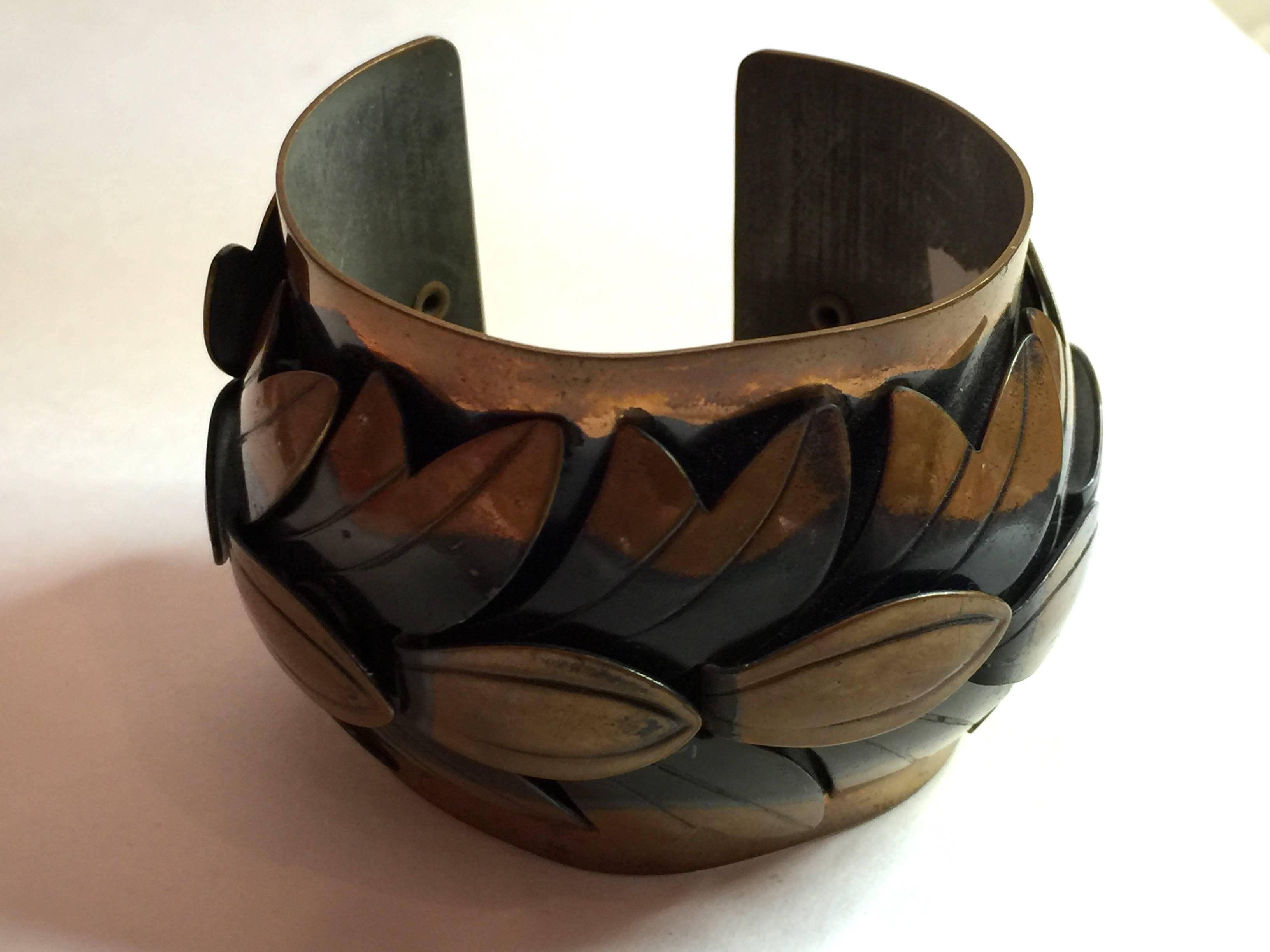 Women's 1950s REBAJES Copper WIDE Cuff Bracelet Stylized Leaves Bronze Tone For Sale