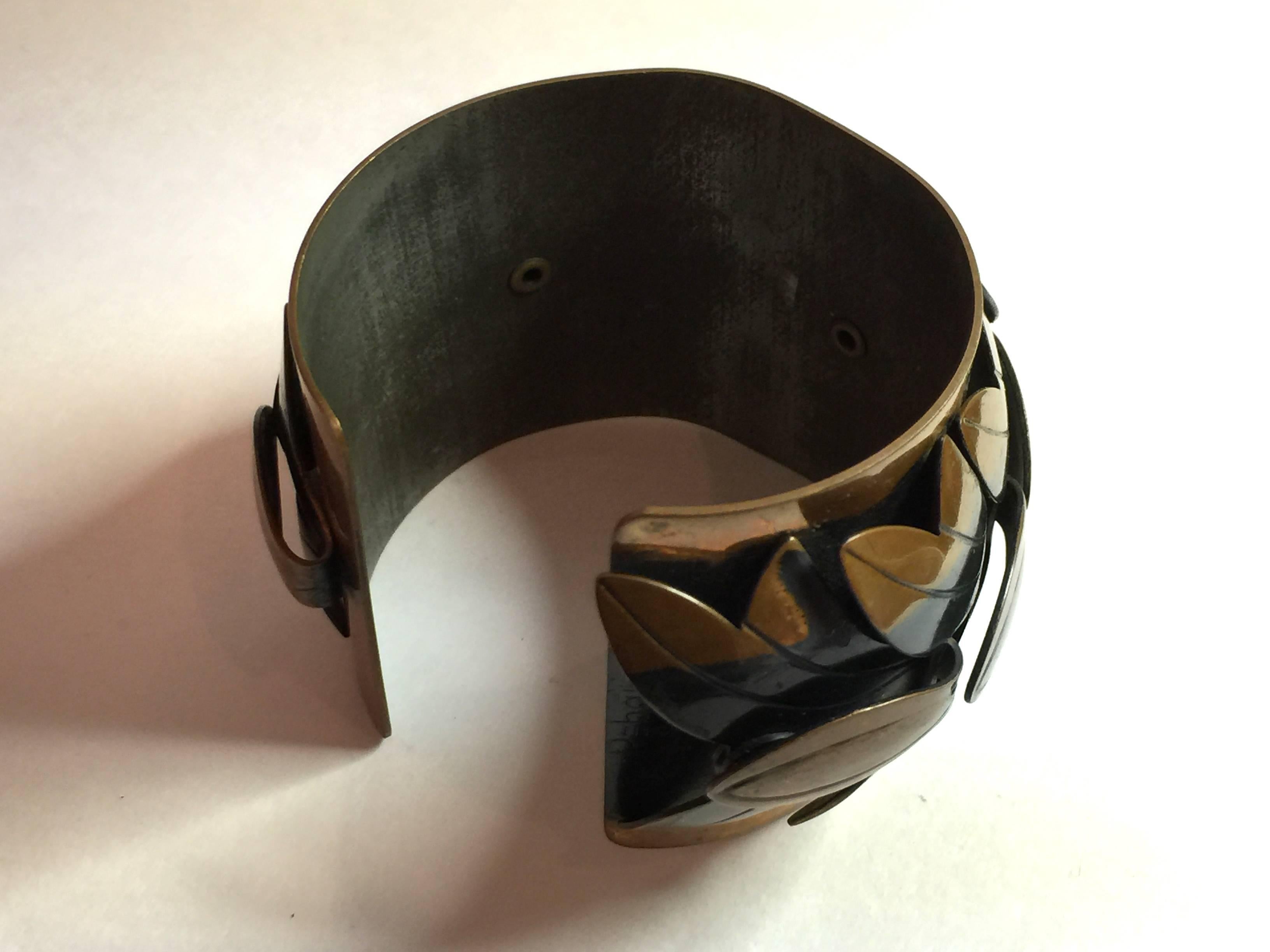 1950s REBAJES Copper WIDE Cuff Bracelet Stylized Leaves Bronze Tone For Sale 1