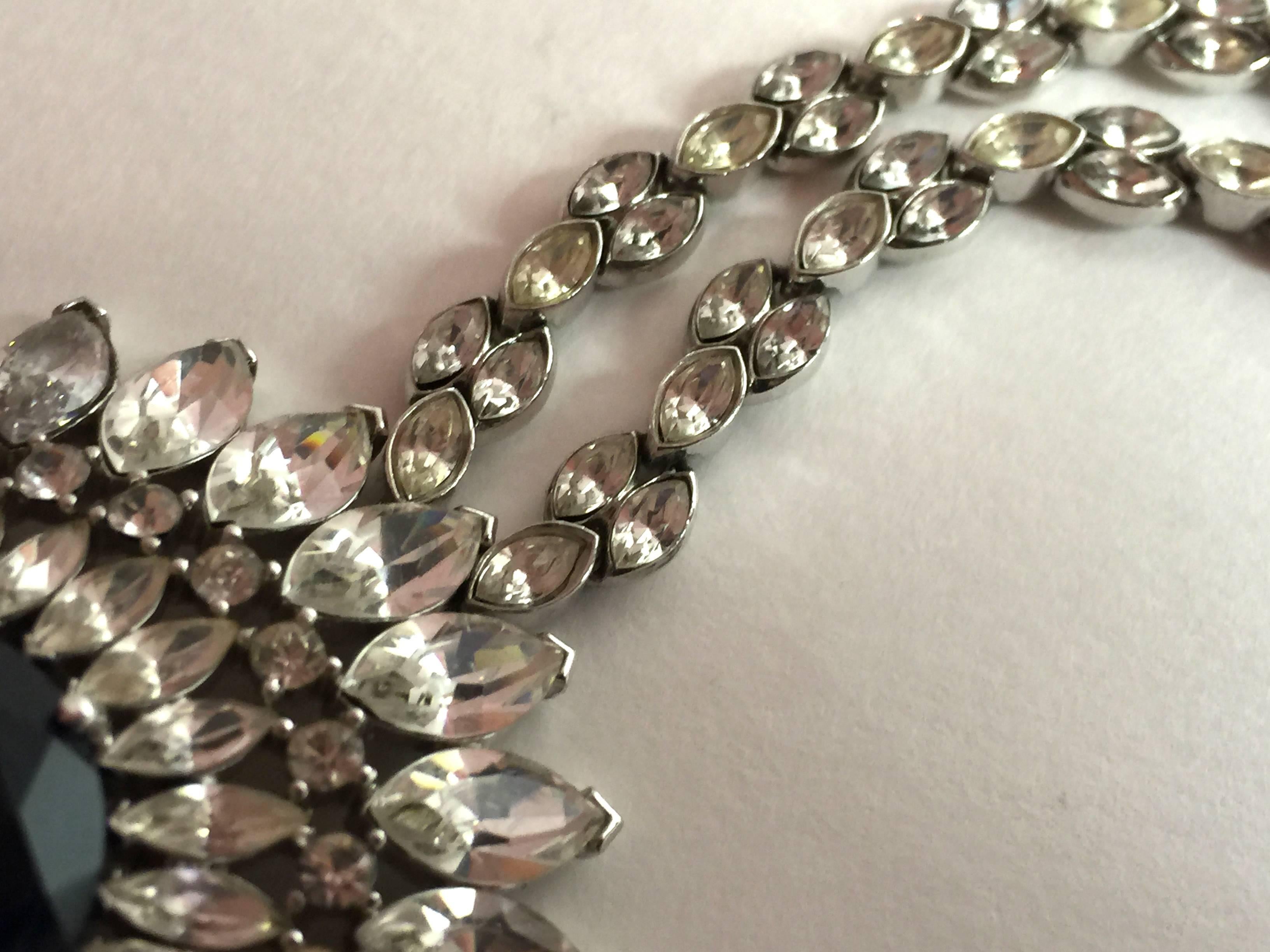 1950s TRIFARI Rhodium Silvertone Faux Sapphire & Diamond Pendant DROP Necklace For Sale 1
