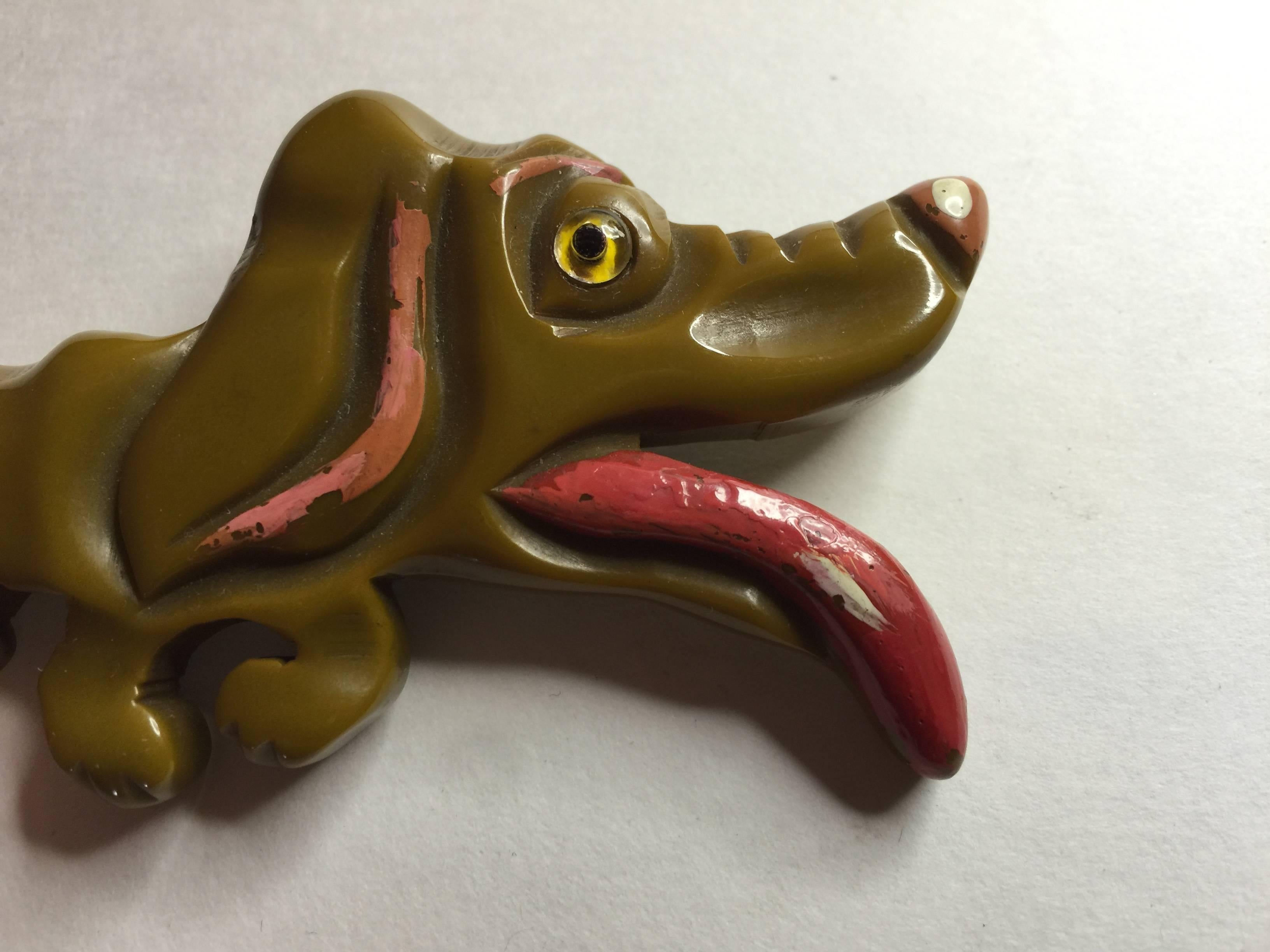 1930s Adorably Whimsical RARE Bakelite Figural  Dog Brooch Pin In Excellent Condition For Sale In Palm Springs, CA