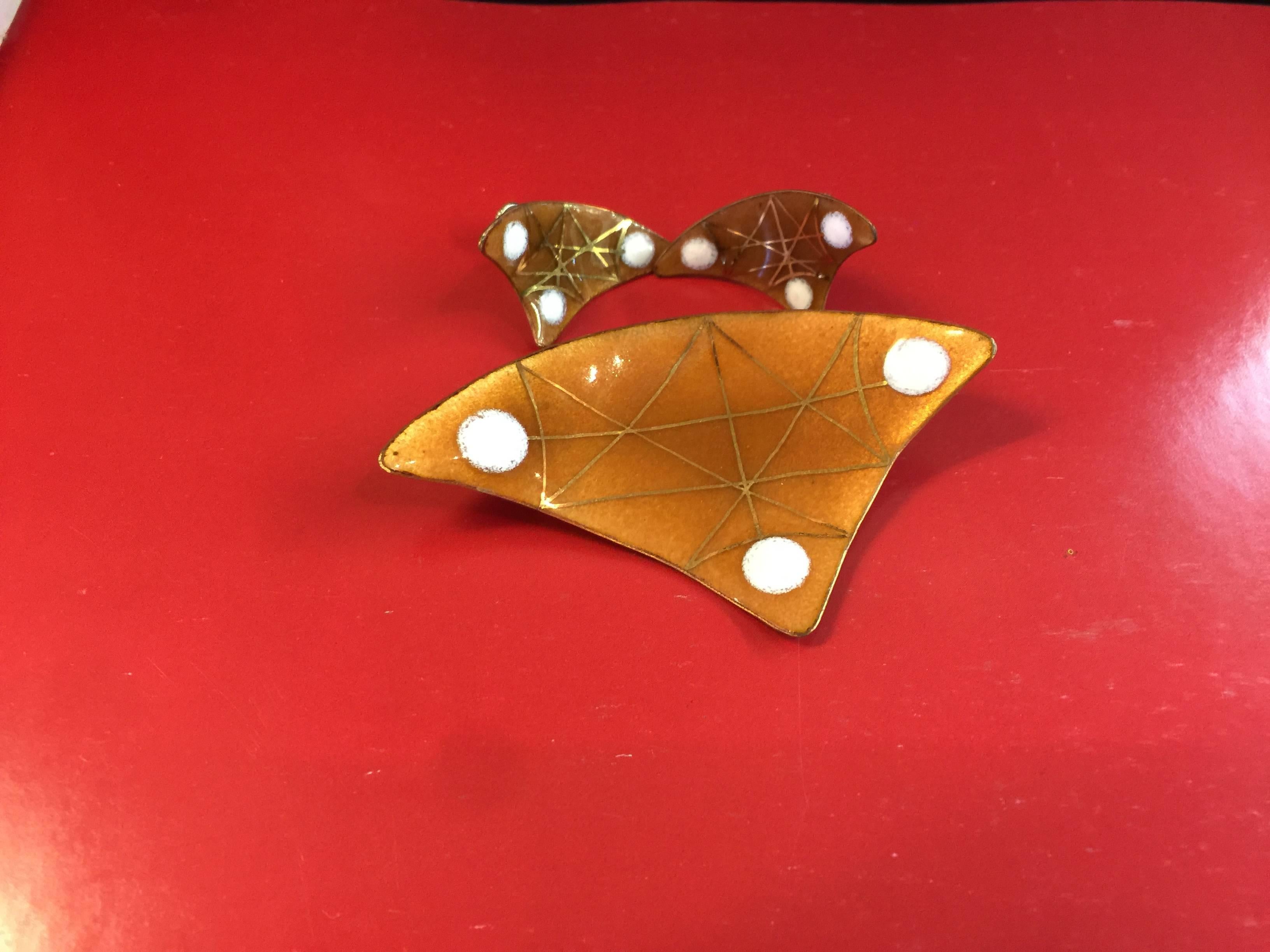 MONIQUE DROLET Modernist Boomerang Copper Enameled Brooch Pin and Earrings Set In Excellent Condition For Sale In Palm Springs, CA